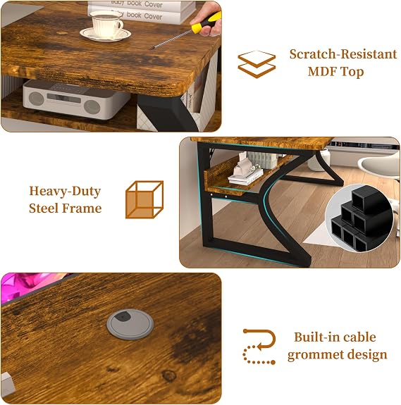55'' Computer Desk Home Office Desk, Modern Computer Desk w/U Shaped Metal Frame, Storage Shelves, PC Table Study Writing Desk Workstation for Home Office (55inch/Brown)