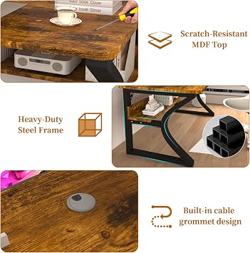 55'' Computer Desk Home Office Desk, Modern Computer Desk w/U Shaped Metal Frame, Storage Shelves, PC Table Study Writing Desk Workstation for Home Office (55inch/Brown)
