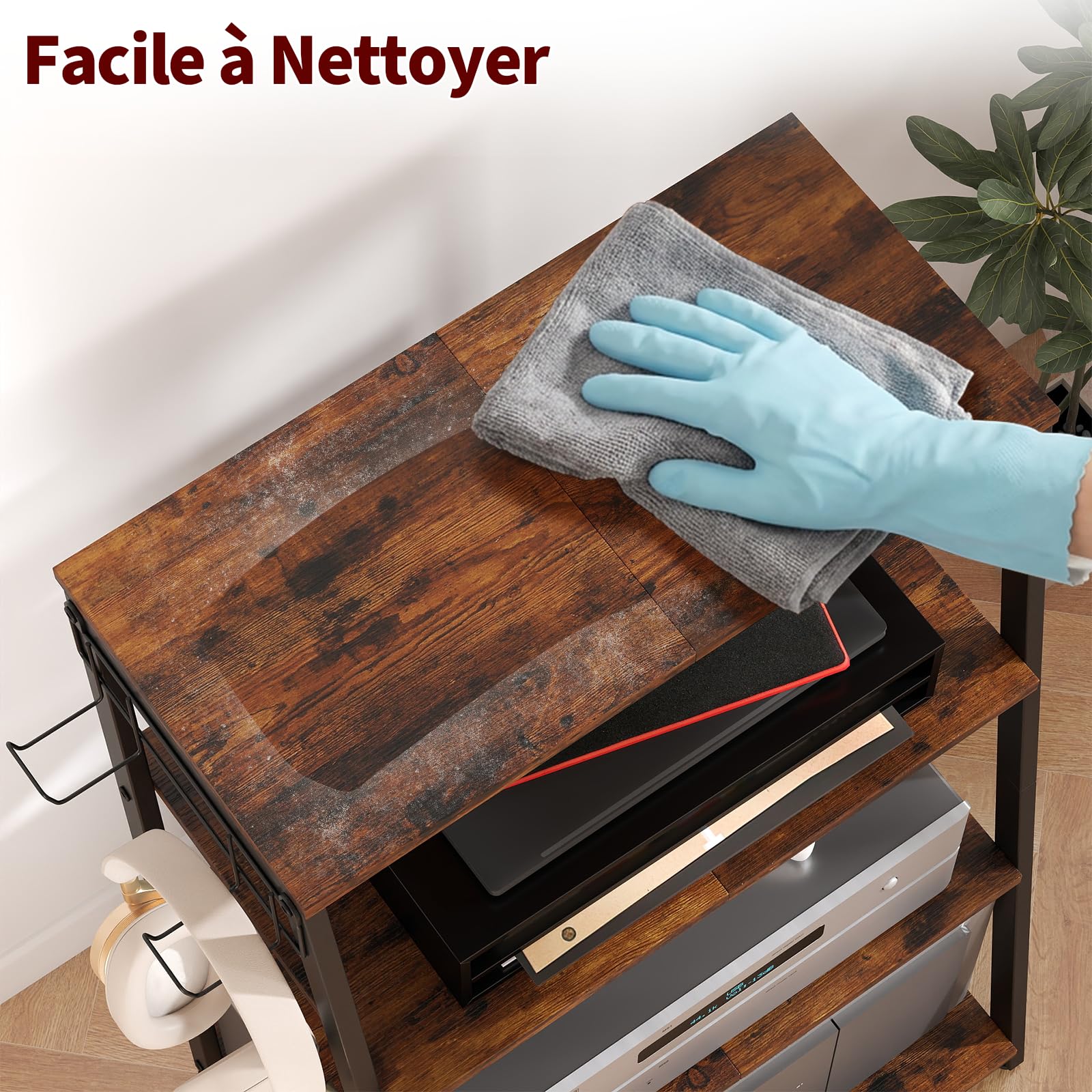 bimiti Meuble HiFi Bois à 4 Etagères Support pour Platine Vinyle avec Crochet pour Casque Audio,Platine Vinyle,Tourne Disque,TV Stéréo,Lecteur DVD Étagère Multimédia en Bois pour la Maison, Bureau