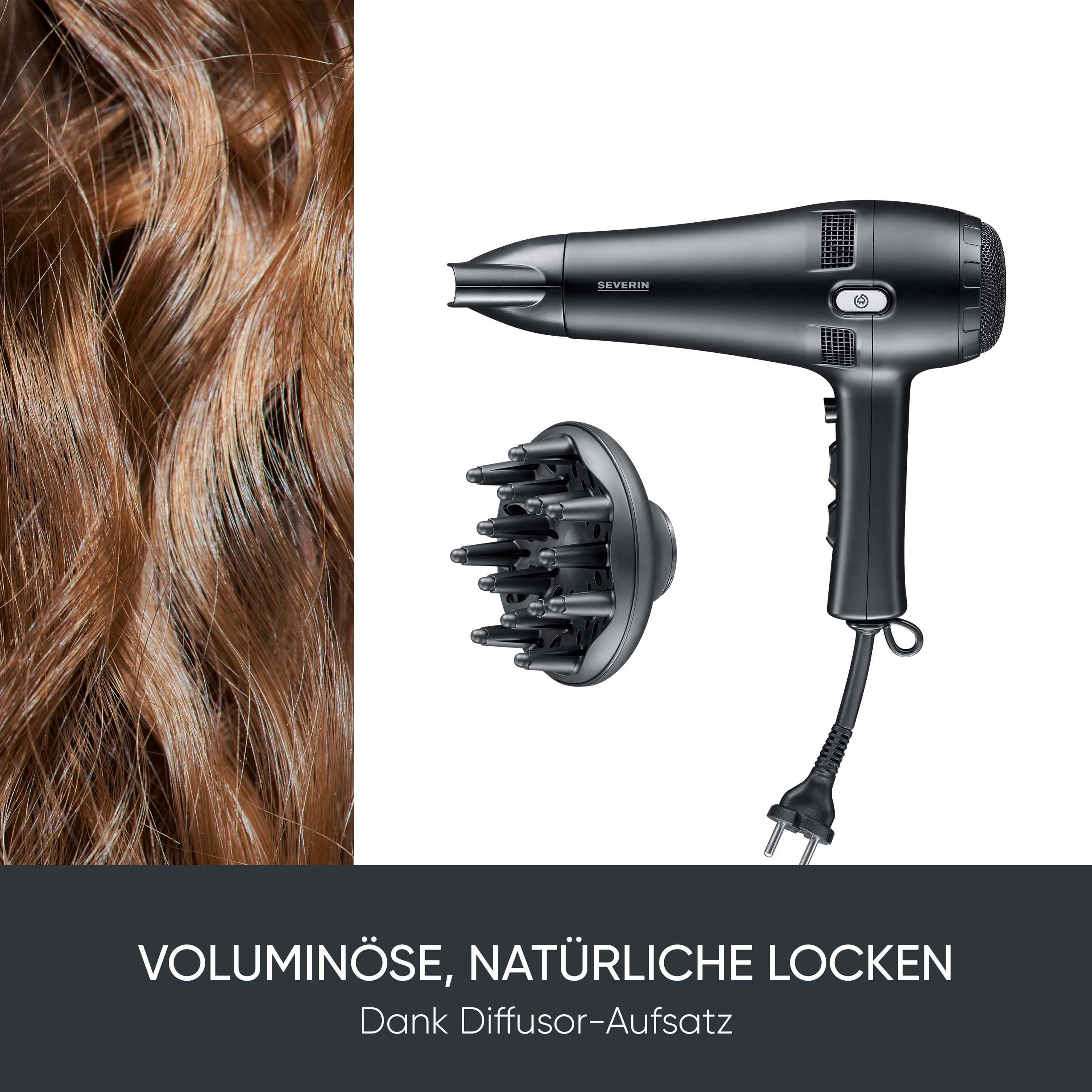 Severin Haartrockner mit Kabeleinzug, leistungsstarker Föhn mit Kaltlufttaste, inkl. Diffusor und Düse, 3 Heiz- & 2 Leistungsstufen, 1,8m Kabel, 2.100 Watt, schwarz, HT 0165