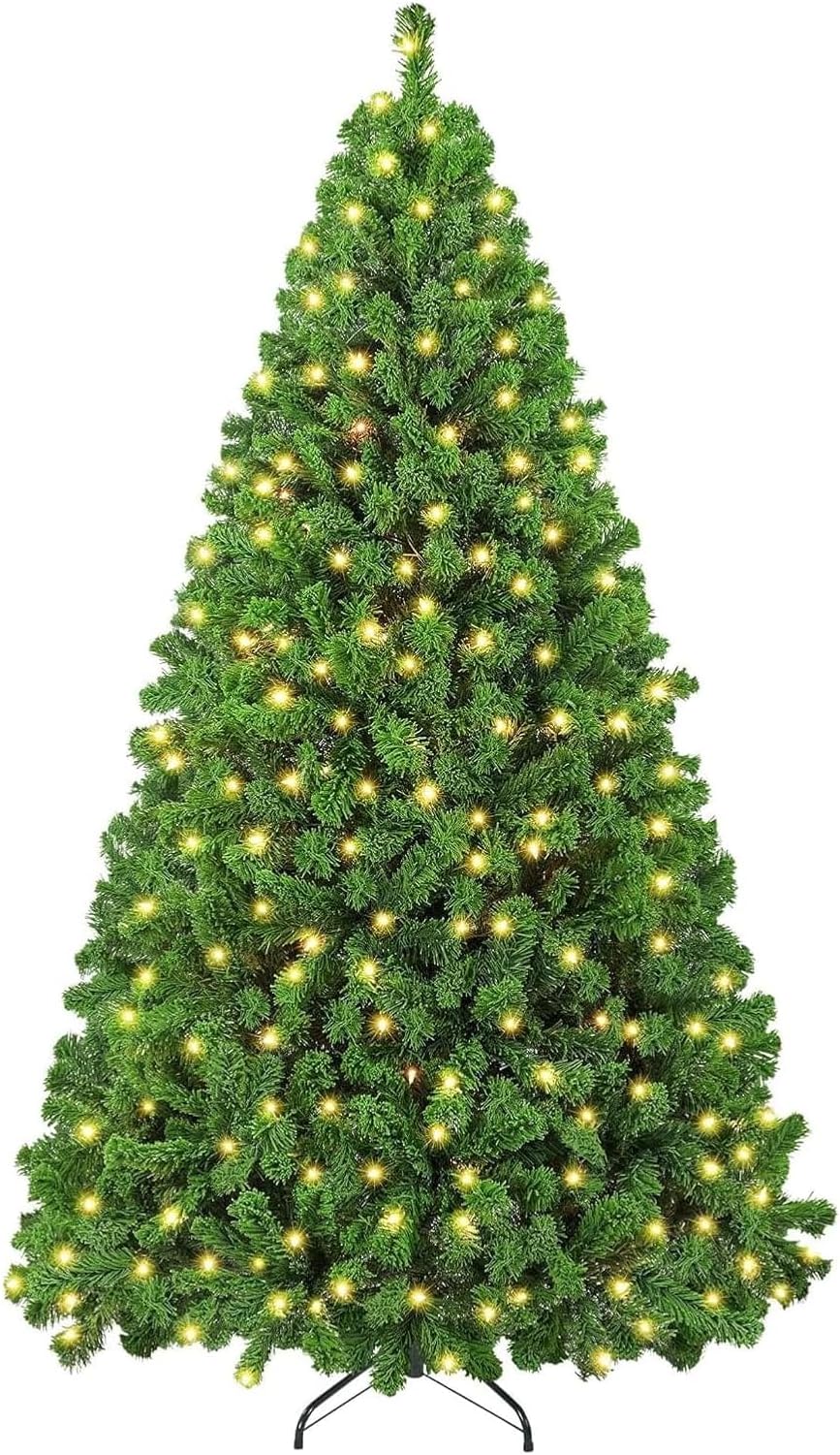 4.5 ft Pre-lit Artificial Christmas Tree with Incandescent Warm lights, Snow Flocked Full Prelighted Xmas Tree with 340 Branch Tips, 150Incandescent Lights & Foldable Stand, Pure Green
