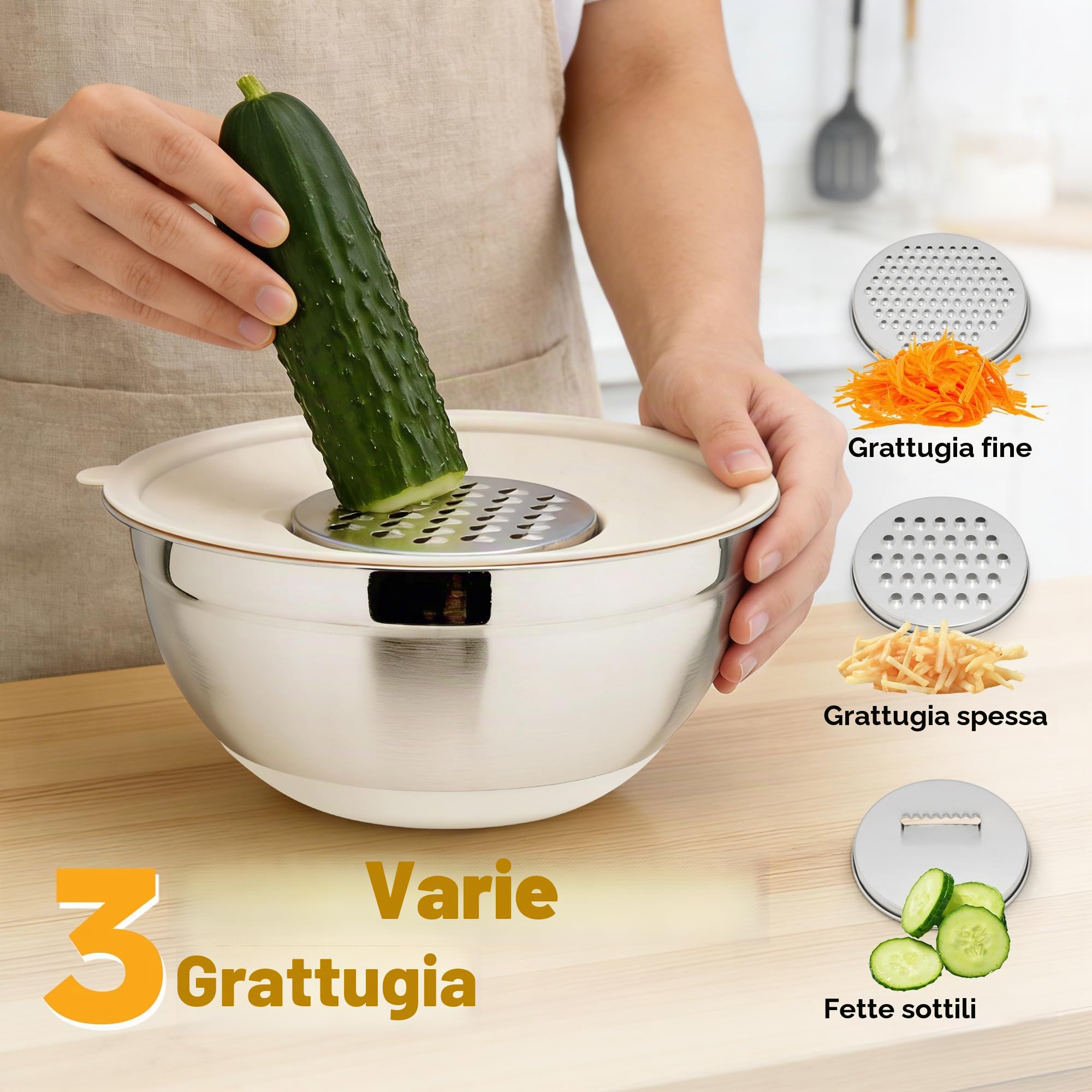 Fire More Set 5 Ciotole Acciaio inox Cucina 4L/2,8L/1,8L/1,5L/1L | Insalatiera con Coperchio e 3 Grattugie, Antiscivolo Ciotole Cucina per Insalata Impilabili, Preparare e Conservare