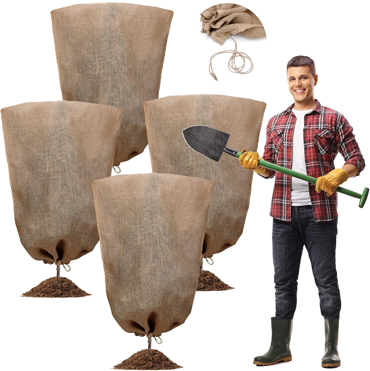 Woanger 4 Pcs 40 x 56 Inch Burlap Winter Plant Cover Bags Reusable Warm Large Plant Frost Protector with Drawstring Freeze Protection Tree Freeze Blanket for Outdoor Garden