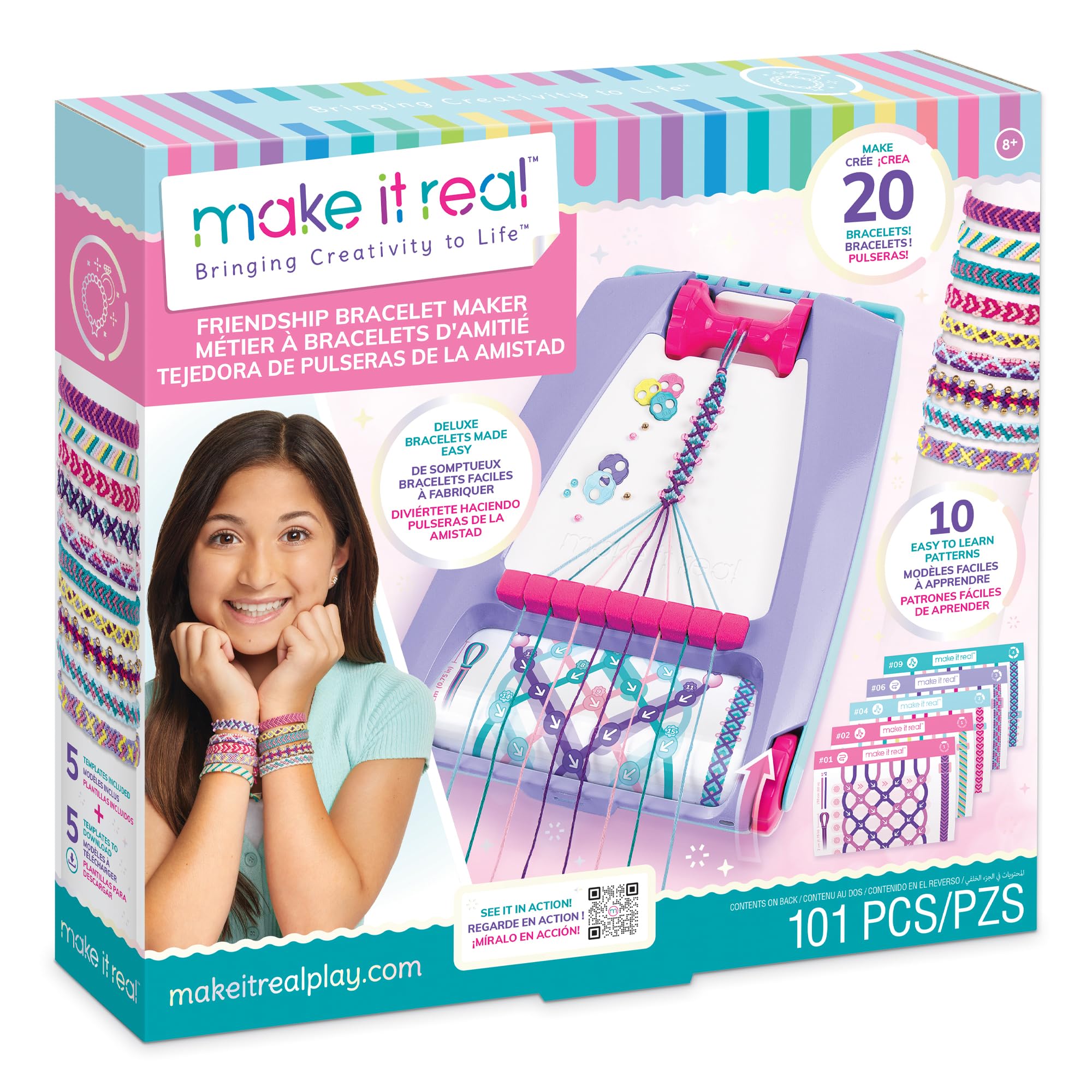 Make It Real Bracelet Maker | Friendship Bracelet Making Kit | Bracelets Making Machine for Girls | Includes Templates, Coloured Threads, Beads, Containers | Gifts for 8 Year Old Girls and Up
