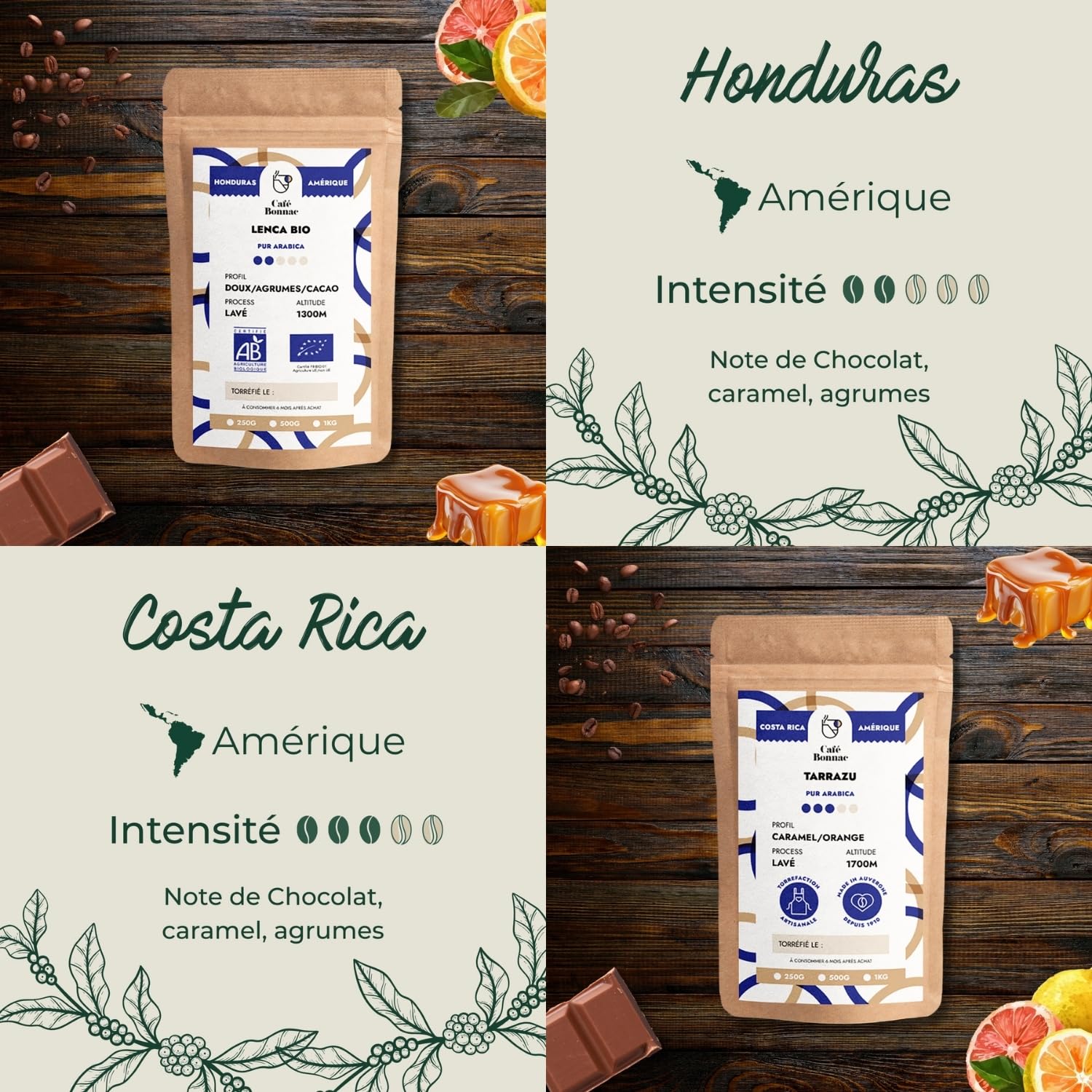 Café Bonnac – Coffret Découverte Cafés d’Amérique – Café en Grain – 4x250g – 100% Arabica – Costa Rica, Honduras, Nicaragua & Colombie – Torréfaction Artisanale Française – Idée Cadeau