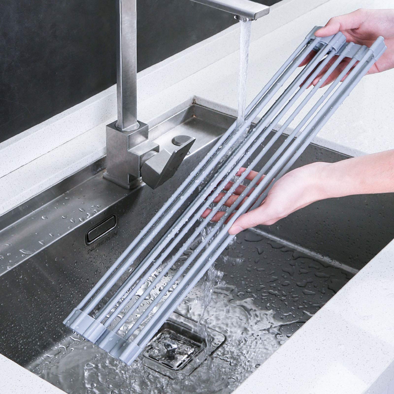 DAMAI Rejilla para secar Platos sobre el Fregadero Enrollable de Acero Inoxidable Revestido de Silicona Rejilla para escurrir Platos de Cocina Plegable Multiusos