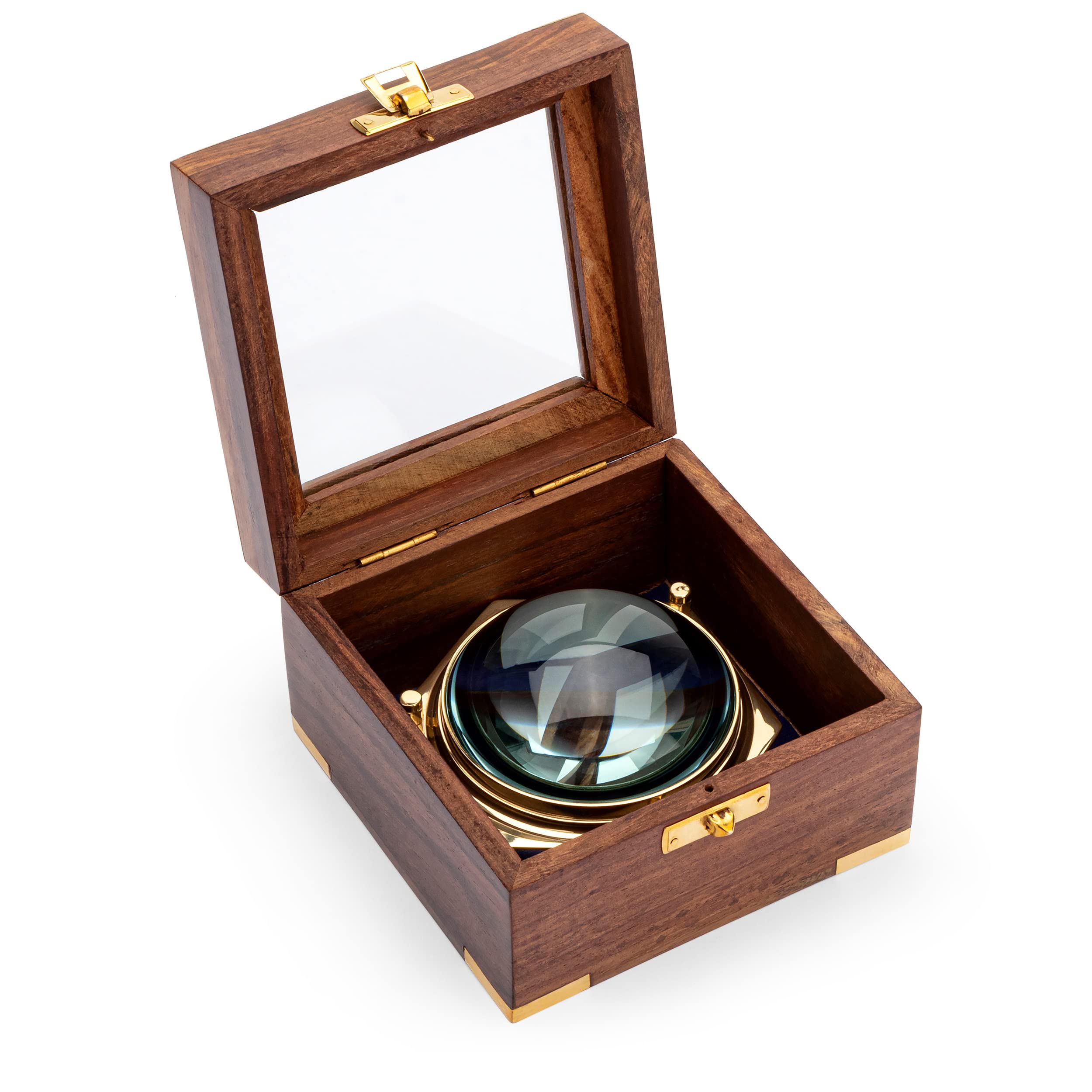 NKlaus Maritime 11726 10 cm Brass Magnifying Glass in Wooden Box with Glass Lid