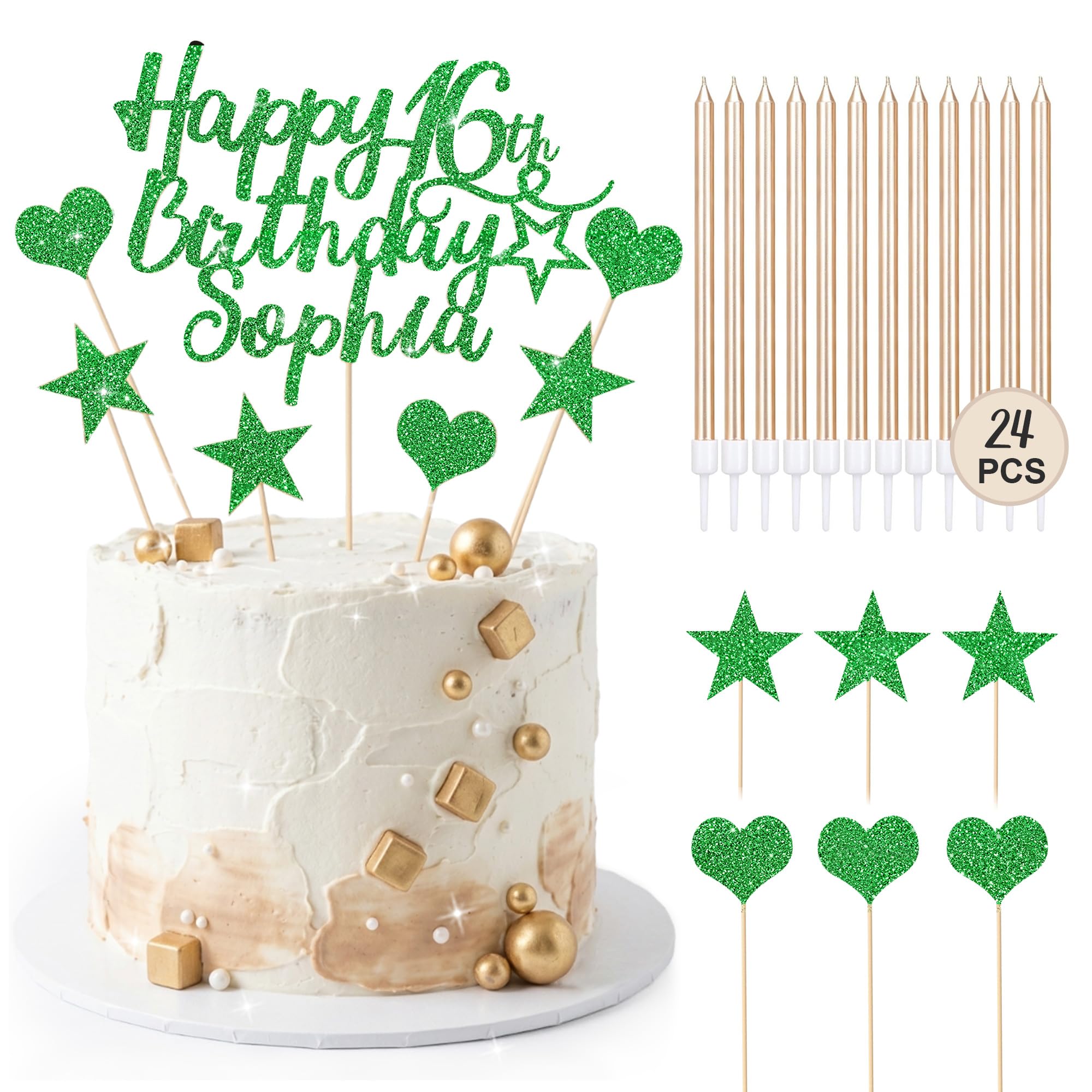 EDSG Personalised Happy Birthday Cake Topper with 24 Candles, Double-Sided Glitter Cake Decorations with Any Age Name, Birthday Party Supplies for Boys Girls Women Man (Green) โ image 1