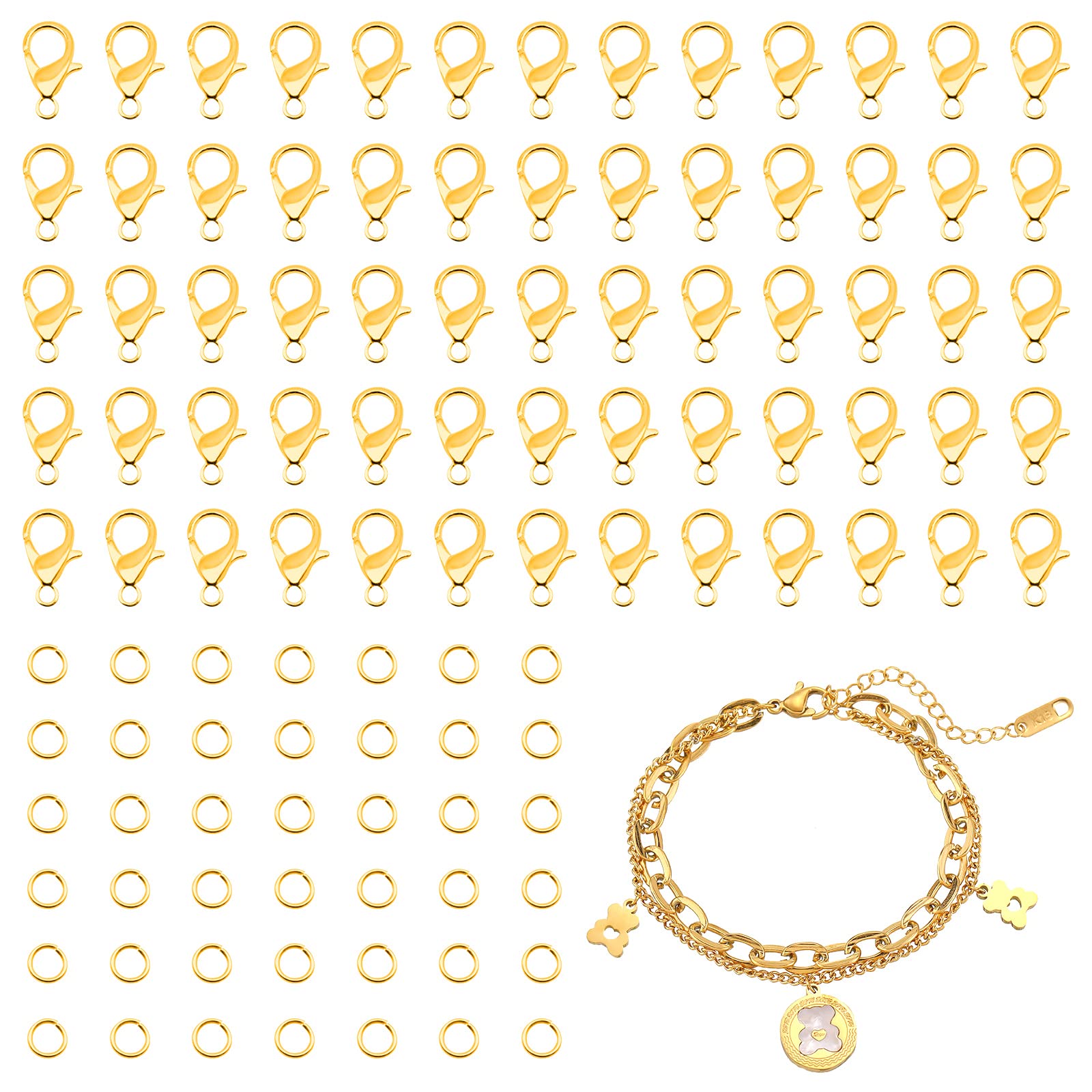 FENGWANGLI 300 Pcs 12mm Gold Lobster Claw Clasps and Jump Rings for Jewelry Making, DIY Necklace Fastener Hook for Necklace Bracelets, Nickle Free