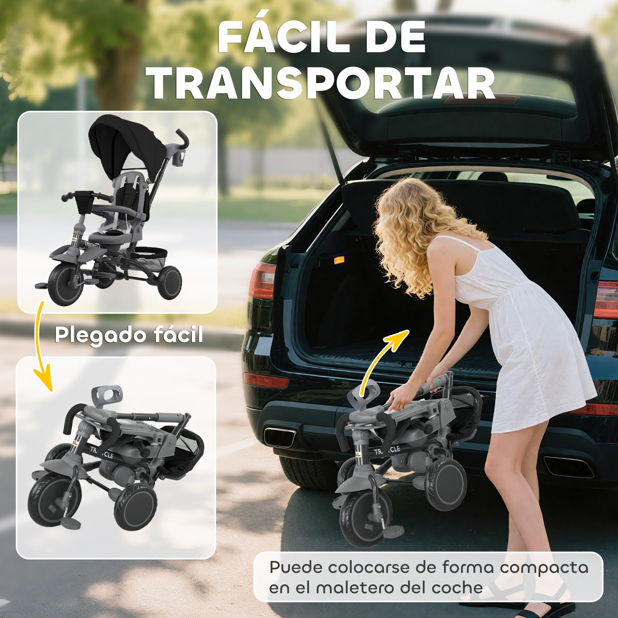 AIYAPLAY 6 in 1 Triciclo Passeggino Bici per Bambini 1-5 Anni Fino 25Kg, Triciclo Pieghevole con Sedile Girevole Fronte Mamma o Strada, Cappottina, Maniglione, Borsa, Ruote e Cintura a 5 Punti, Nero