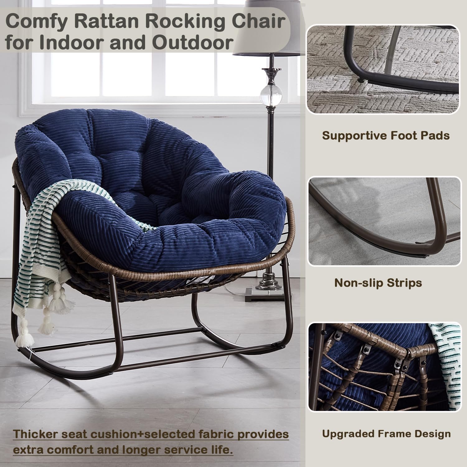 Indoor & Outdoor Rocking Chairs Set of 2,Oversized Rocking Papasan Chair with Thick Cushion,Comfy Corduroy Rocker Wicker Egg Chairs Lounge Reading Chair for Living Room,Patio,Front Porch(Navy Blue)