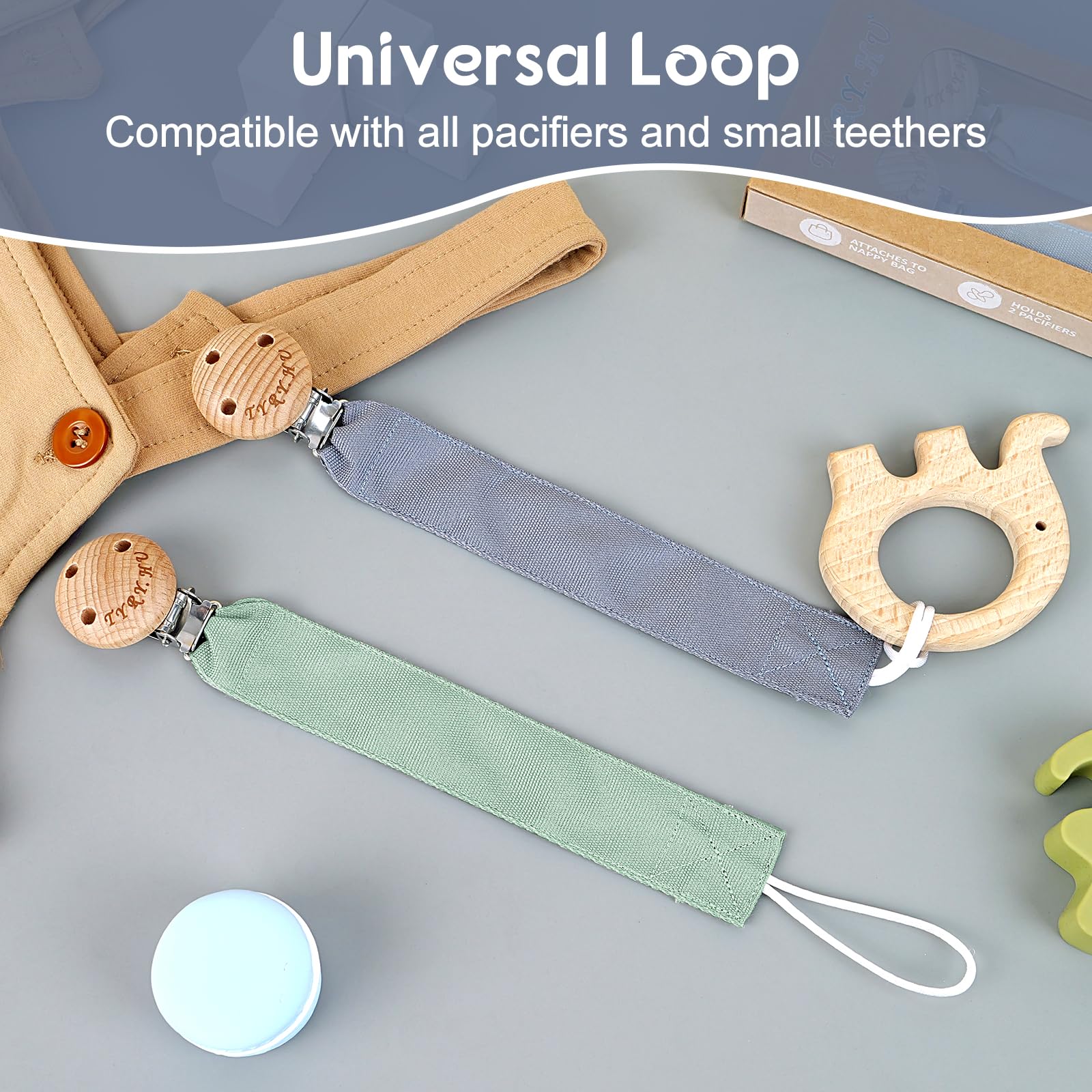 TYRY.HU Catenella Portaciuccio Tessuto Morbido Catenella Ciuccio Fatto a Mano Succhietto Porta Clip di Legno Cotone Bambini Ragazzi Massaggiagengive Clip Baby Regalo,2 Pezzi