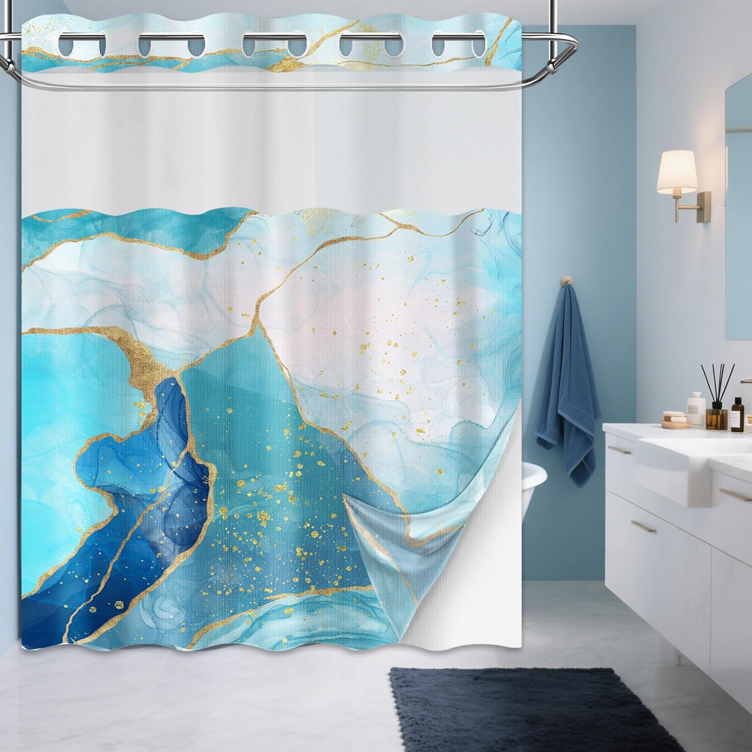 Marble Blue and Gold Hookless Shower Curtain with Snap in Liner, Abstract Modern No Hook Double Layer Shower Curtain and Liner Set, Waterproof Cloth Fabric, 71" W X 74" L (Pack of 1)