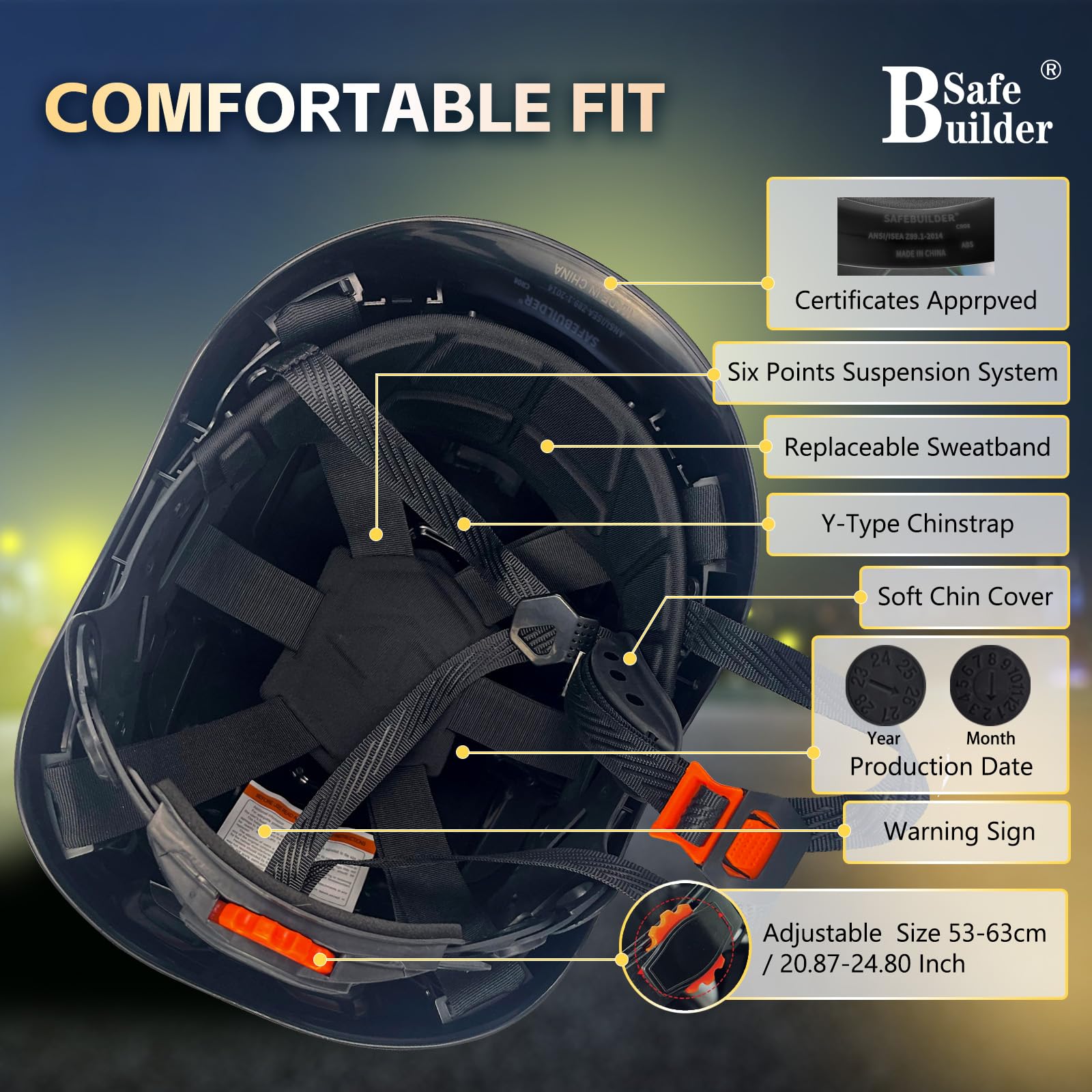 SAFEBUILDER Casco de seguridad de construcción con faro, casco duro, ventilación ajustable, protección de cabeza de trabajo, certificado ANSI/ISEA Z89.1
