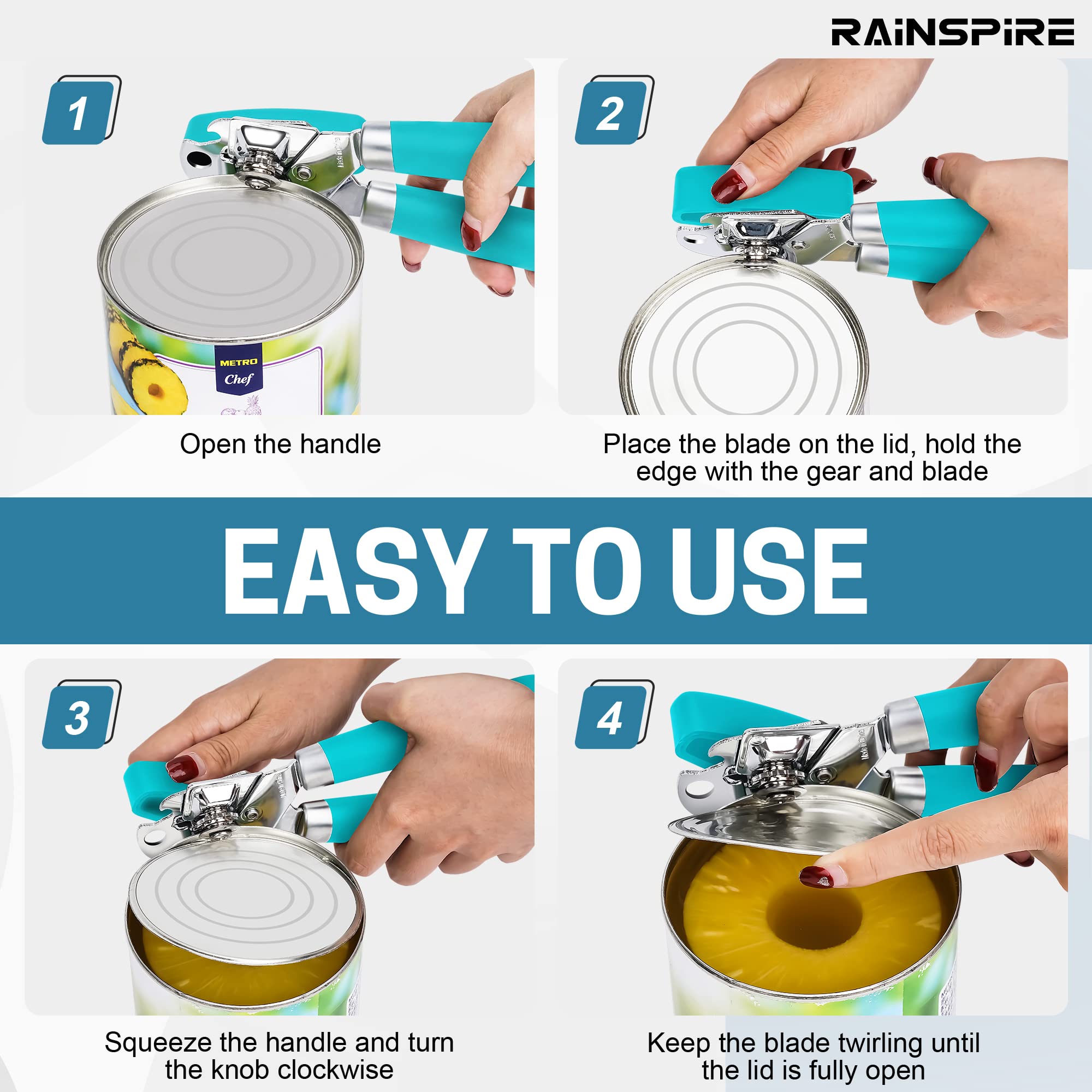 Rainspire Abrelatas manual de mano fuerte abrelatas manual de corte de borde suave, abrelatas resistente, mango suave cómodo, abridor de botellas integrado, negro (azul)