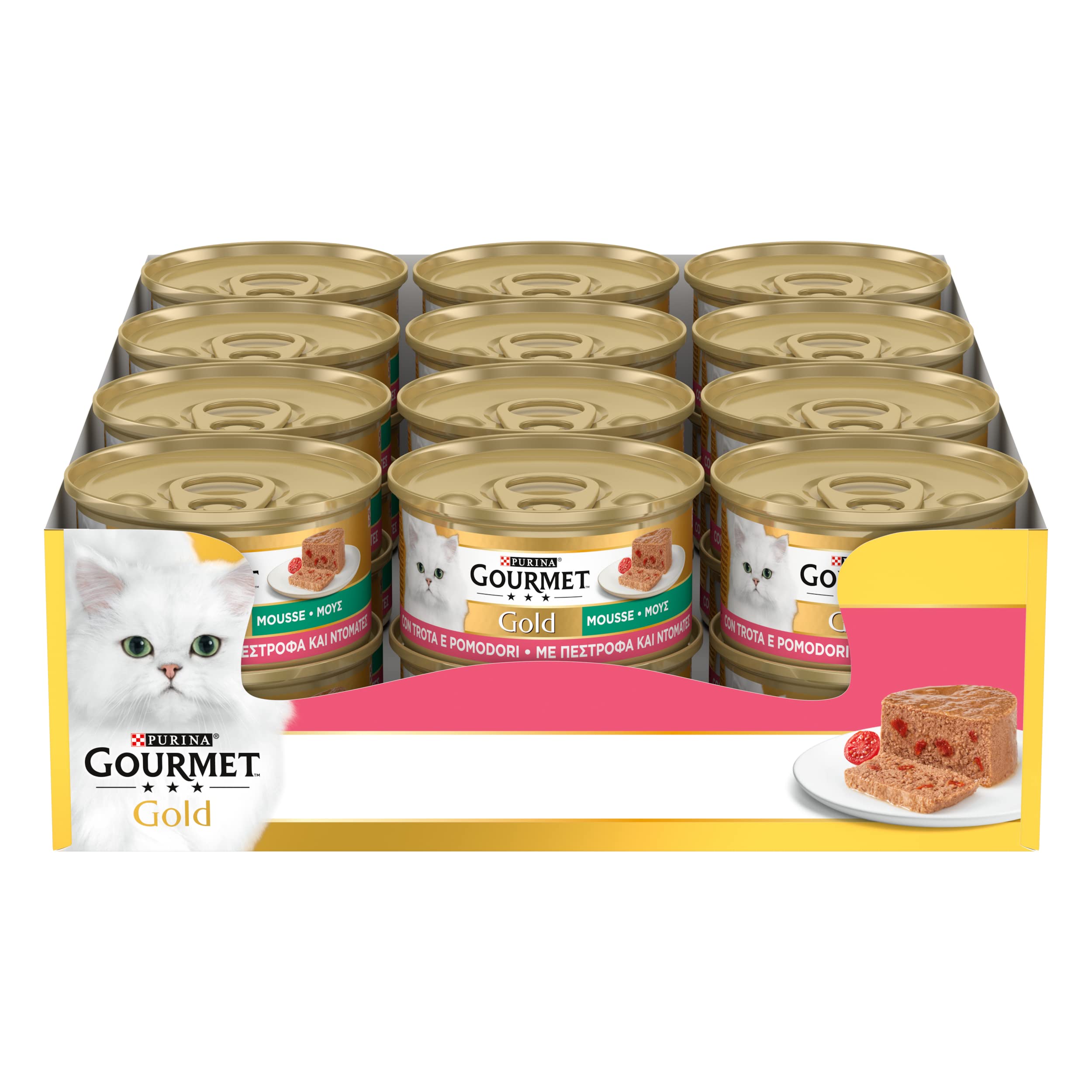 GOURMET GOLD Cibo umido per gatti adulti Mousse con Trota e Deliziosi Pomodori 24 lattine da 85g