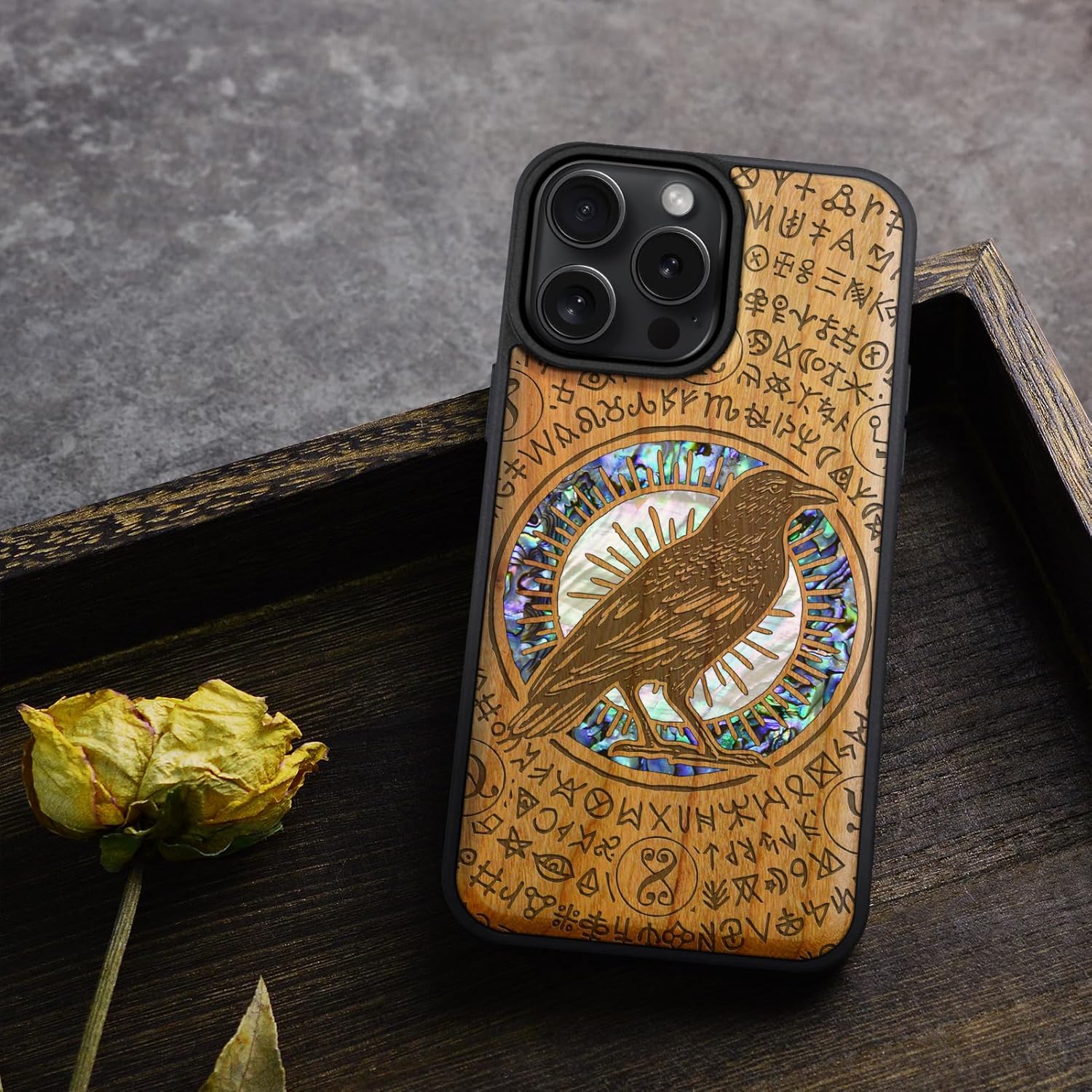 Carveit Magnetic Case for iPhone 16 Pro Max Case, Wood Artisan Engraved & Handmade Shell Inlaid, TPU Shockproof Cover, Compatible with MagSafe Wireless Chargers (Haloed Crow) Cherry