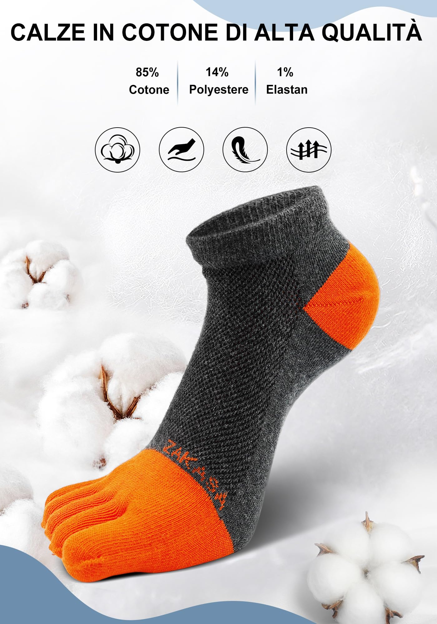 ZAKASA Calze Con Dita Uomo Sportivi: Cotone Calzini con Cinque Dita Calzino Corti 5 Dita Separate Traspiranti calzetti Five Finger per Running Fitness Sport 5 Paia
