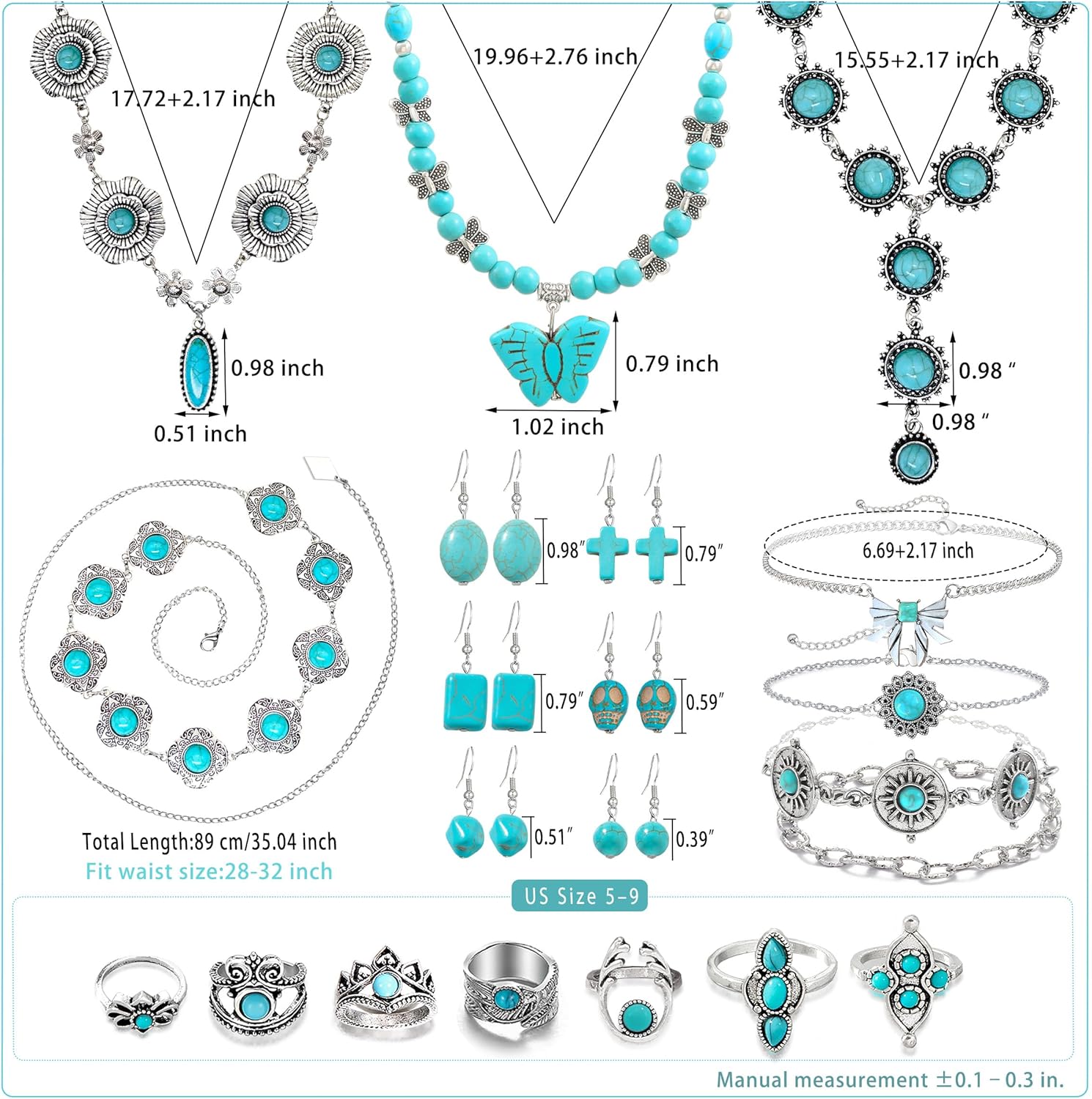 Western Turquoise Jewelry for Women Boho Rings Necklaces Bohemian Earrings Concho Belt Bracelets Set - Image 2