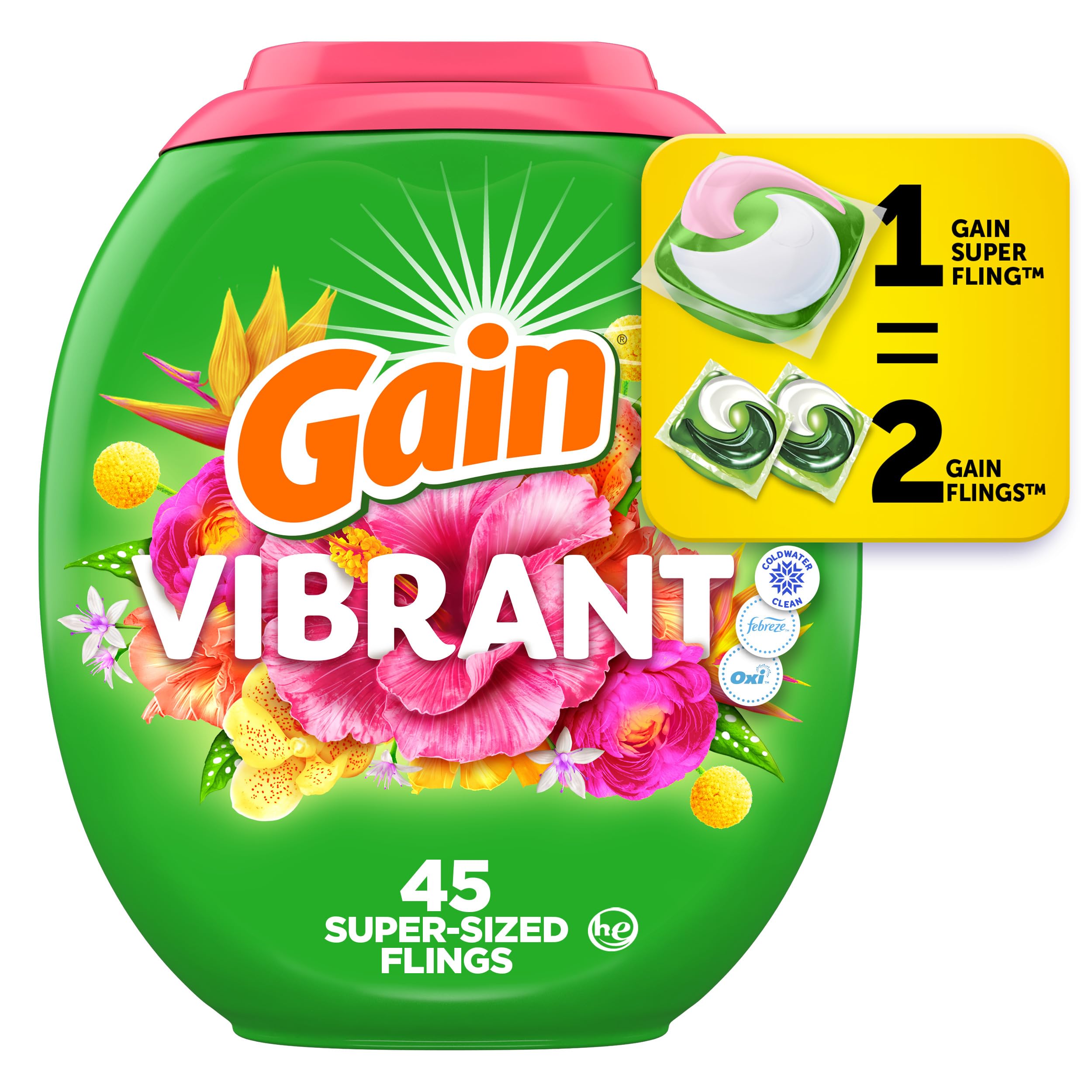 Gain Super Sized Flings Laundry Detergent Pacs, Vibrant, 3-in-1 Detergent Pacs with Febreze and Oxi, 45 Count