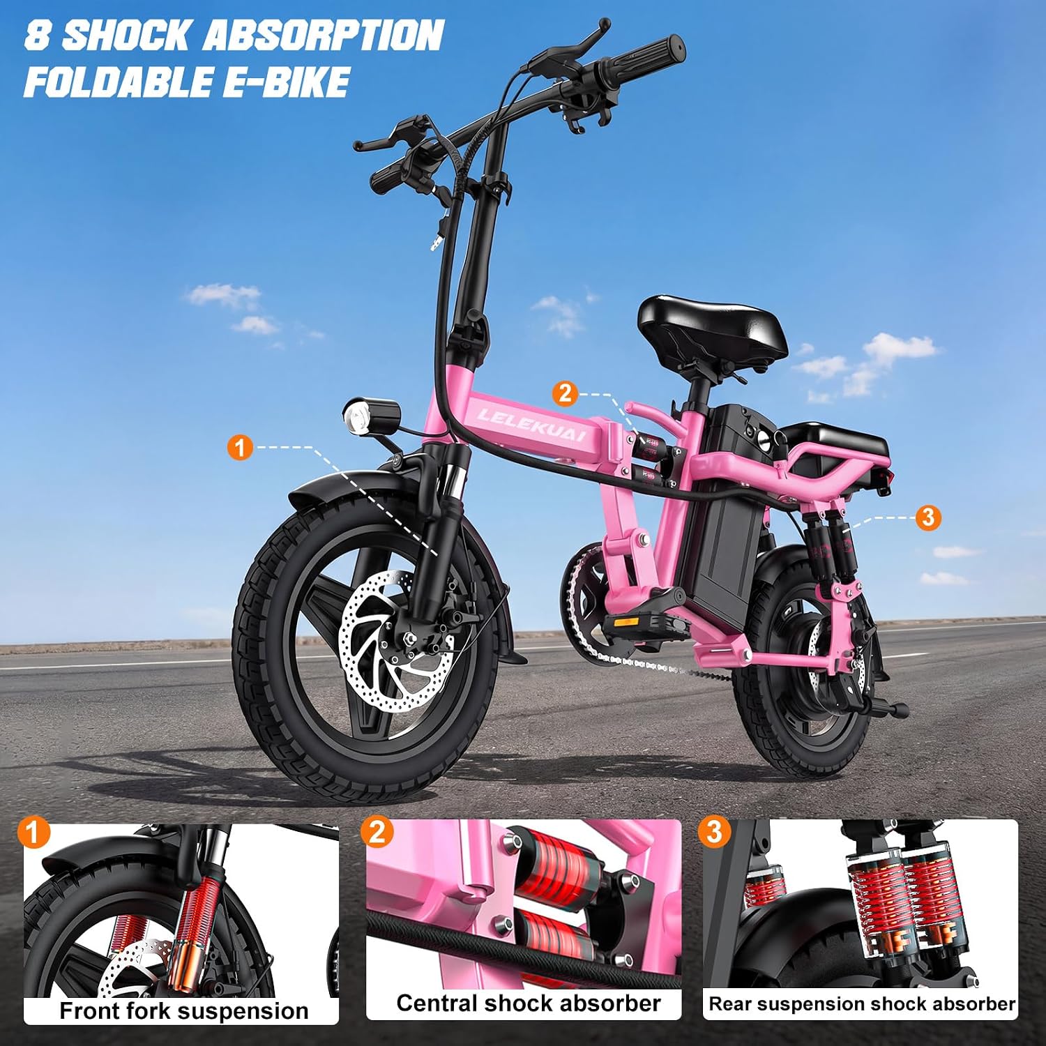 Heavy-Duty Foldable Electric Bike for Adults with 7 Shock Suspension, 500+ lbs Capacity, 740W Motor, 25MPH, 720Wh Battery, 20-Mile Range, 14“ Fat Tires Commuter Bicycle for Road & Mountain Riding