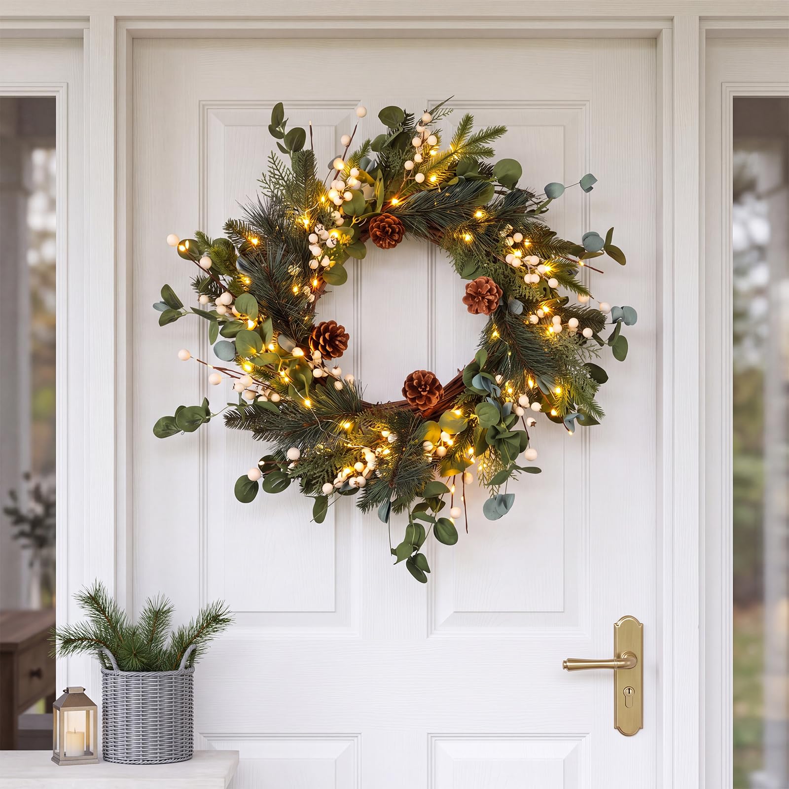 Kajaia Couronne de Noël de 55,9 cm pour porte d'entrée, vacances d'hiver, couronnes de Noël avec aiguilles de pin, pommes de pin, guirlande de verdure pour fenêtre, cour, mur, cheminée, porte