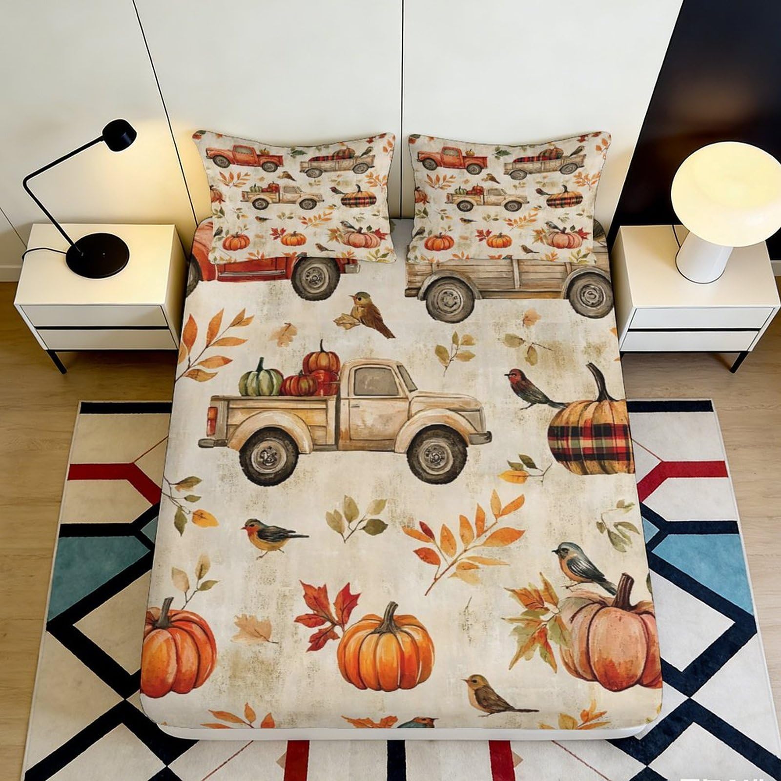3D Printed Autumn Harvest Truck Fitted Sheet Microfiber Pumpkin Bird Mattress Cover Bedroom Decor Washable 90x200x25cm
