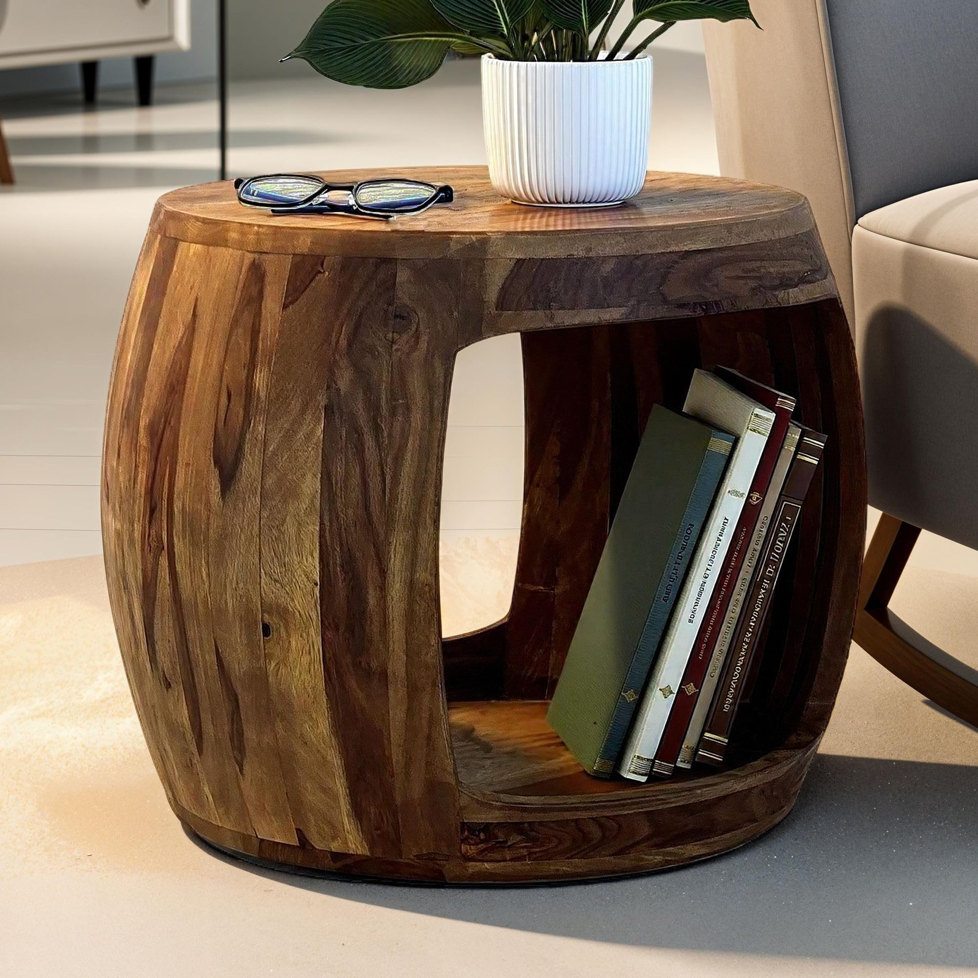 Wohnling Beistelltisch Rund Ø 50x40 cm Sheesham Massivholz, Ablagefach | Couchtisch mit offenem Fach im Naturdesign, Wohnzimmertisch aus Echtholz, handgefertigtes Unikat, Sofatisch