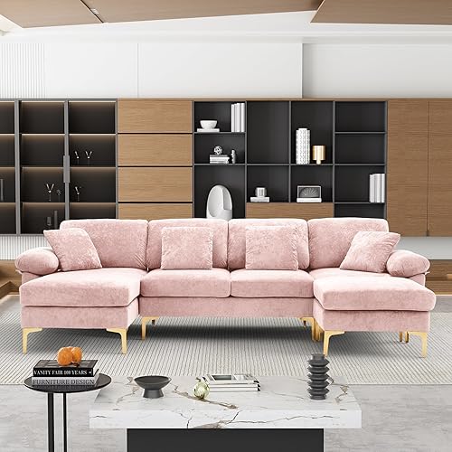 Miniatura 14 de OUYESSIR Sofá seccional en forma de U, juego de sofá de 4 asientos para sala de estar, juego de sofá convertible en forma de L de terciopelo con