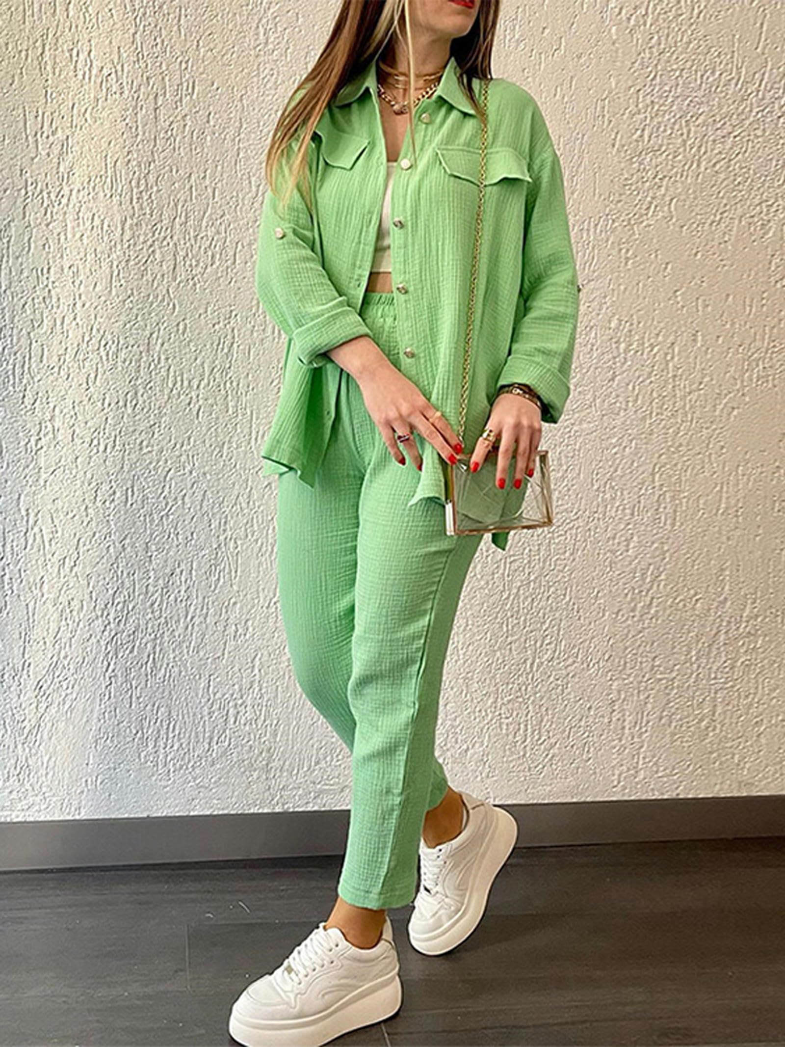 Nouveau Automne Pyjama décontracté Pyjamas Ensemble Femmes Revers Pyjama Cardigan Costume Pantalon Gaze Chemise Service à Domicile-Rose TZ170-S