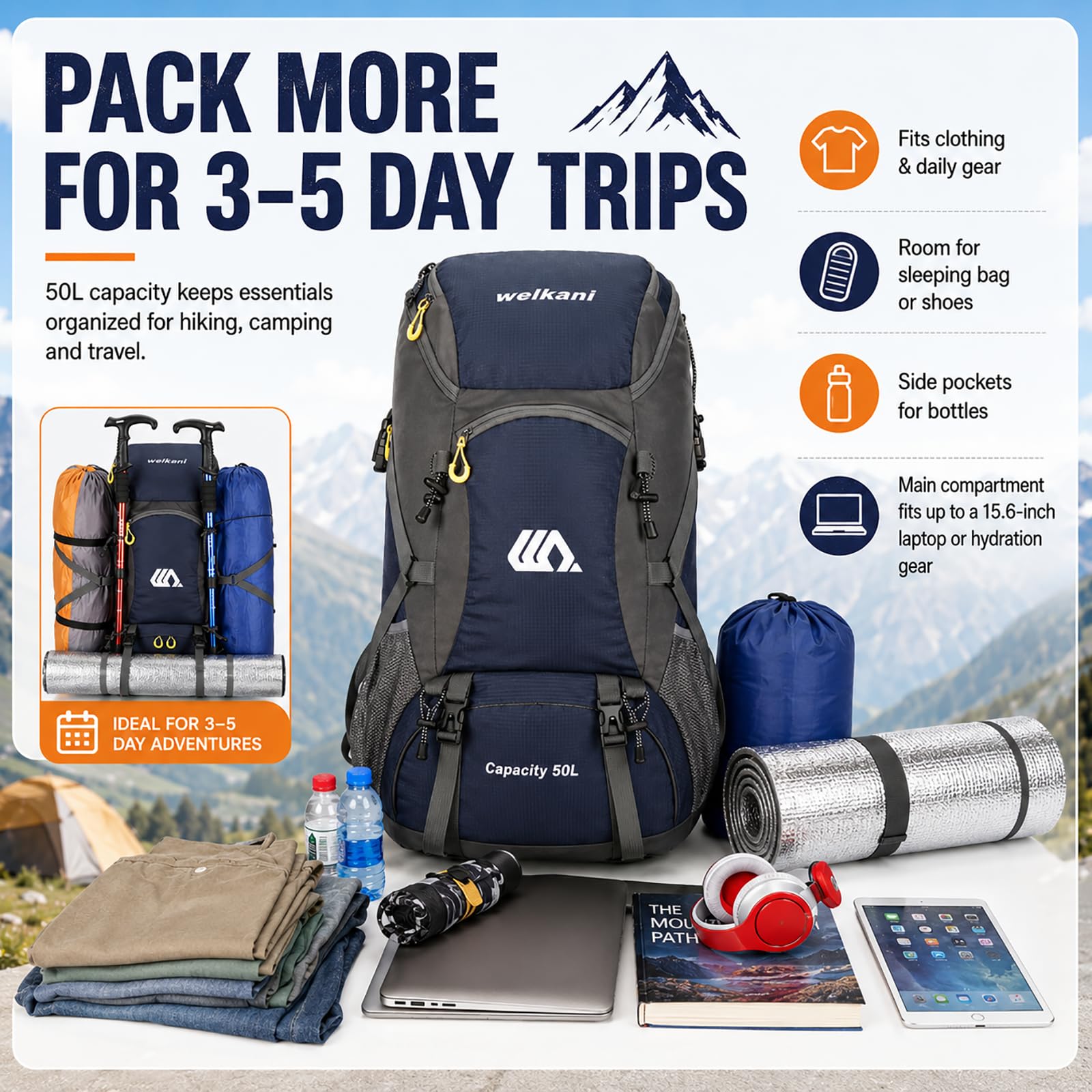 50L Wanderrucksack mit Regenschutz Wasserdicht Leichtes Camping Outdoor Sport Trekking Klettern Skifahren Reisetasche
