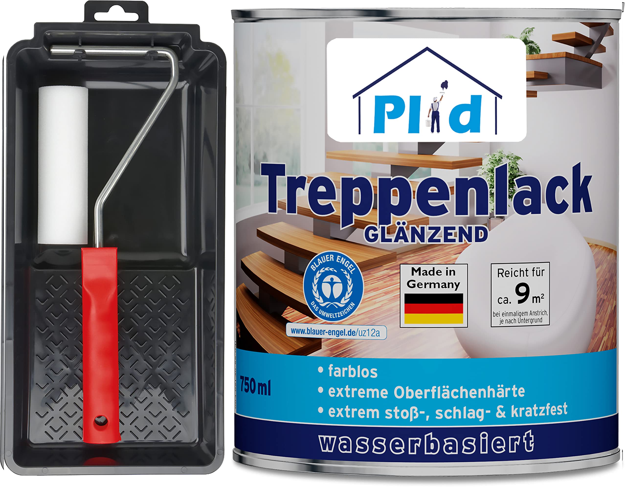 prinzcolor Premium lakier do schodów, lakier bezbarwny, lakier do drewna, bezbarwny, zestaw bezbarwny – błyszczący 0,75 l – zestaw do lakierowania