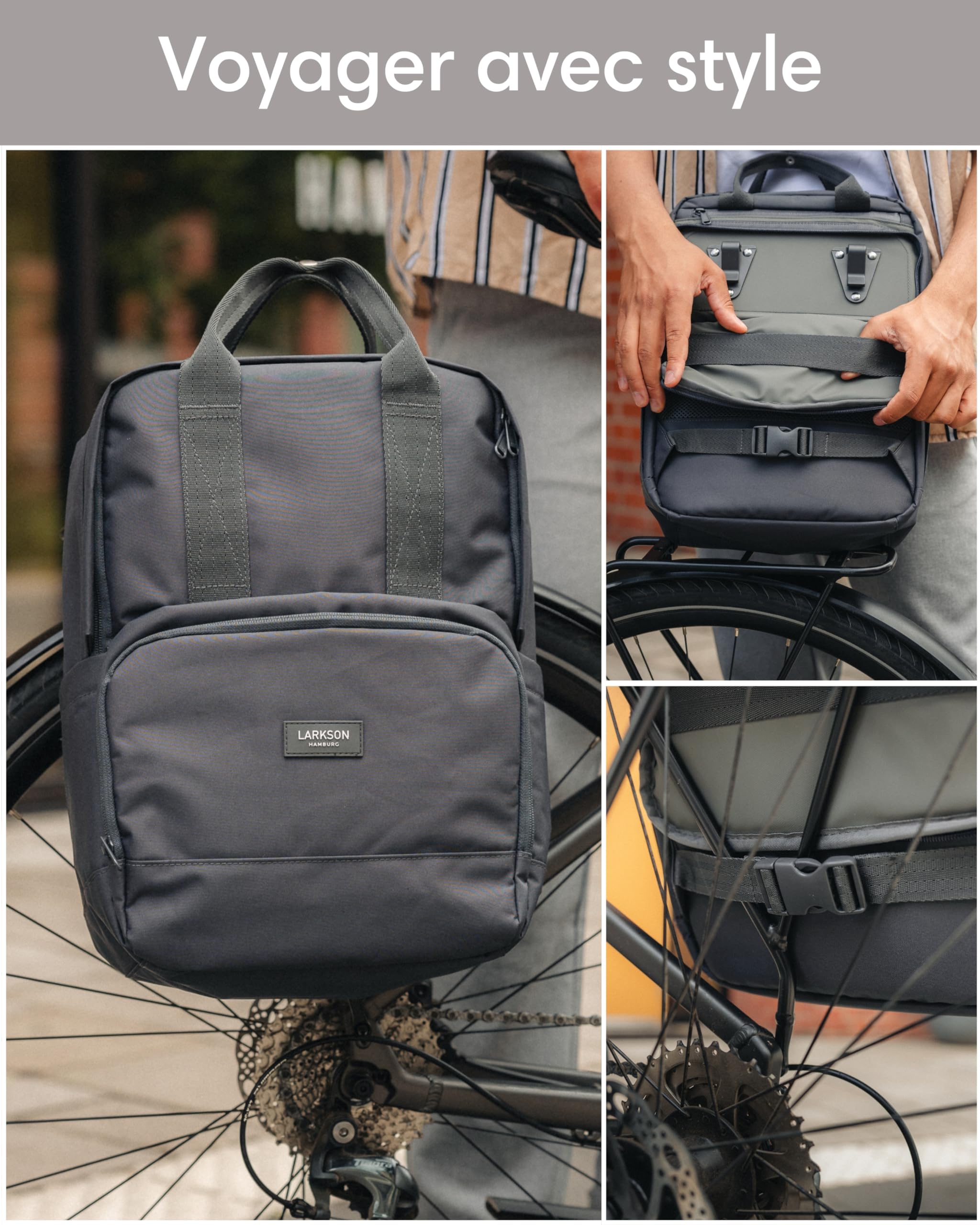 LARKSON Sacoche Vélo Noir - No 6 Bike | Sac à Dos Multifonctionnel 2 en 1 & Sacoche Arrière Bicyclette - Hydrofuge