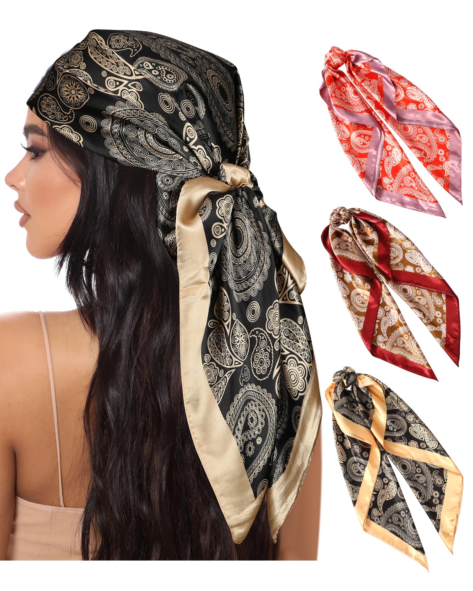 AWAYTR 35” Large Square Satin Head Scarf - 3Pcs Satin Hair Scarves Silk Bandana Scarf Headscarf Silk Feeling Scarf for Women