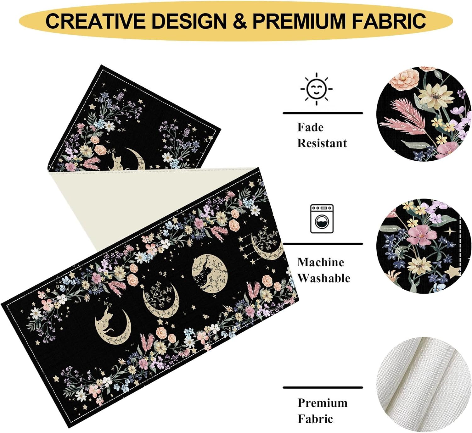 Boho Floral Moon Table Runner,Spring Wildflower Floral Green Plant Botanical Mystic Witchy Gothic Black Cat Moon Phase Retro Kitchen Dining Table Decoration for Home Decor,13 x 108 Inches