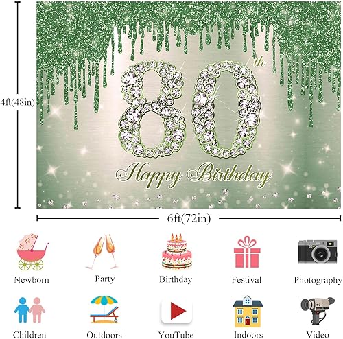 Miniatura 2 de YUNHBZT055 - Decoración de feliz cumpleaños número 80 de 6 x 4 pies, color verde salvia, cartel para fiesta de cumpleaños número 80, telón de fondo
