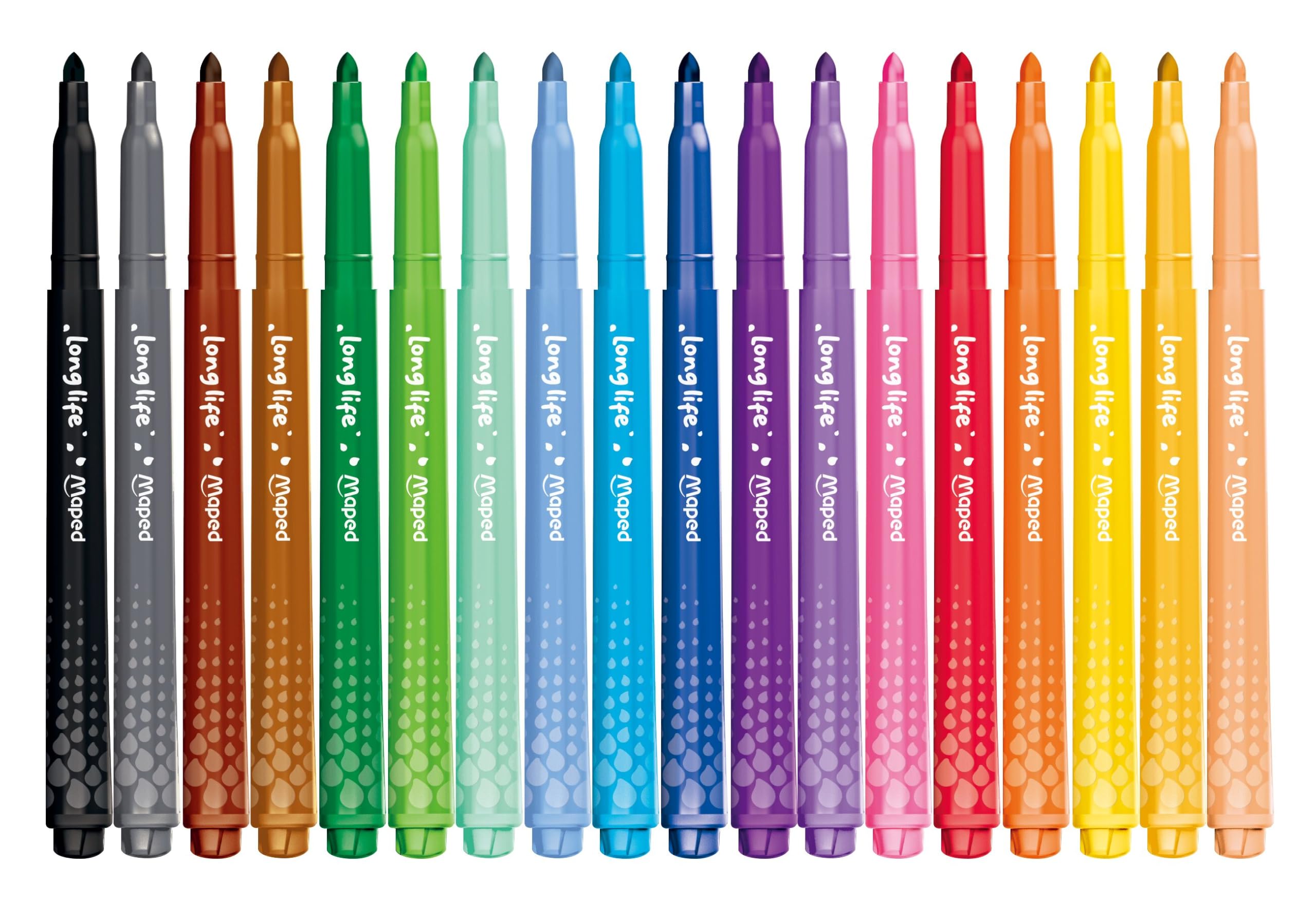 Maped - Color Pep's Long Life - zaopatrzenie szkolne - Zmywalne flamastry z super wytrzymałą zablokowaną końcówką - nie wysychają bez kapturka - Jasne kolory - Doskonałe krycie - x18