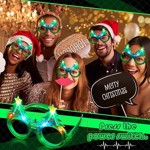 Miniatura 3 de Paquete de 8 lentes de sol LED con purpurina para árbol de Navidad que brillan en la oscuridad, gafas de sol LED de plástico, disfraz de árbol de