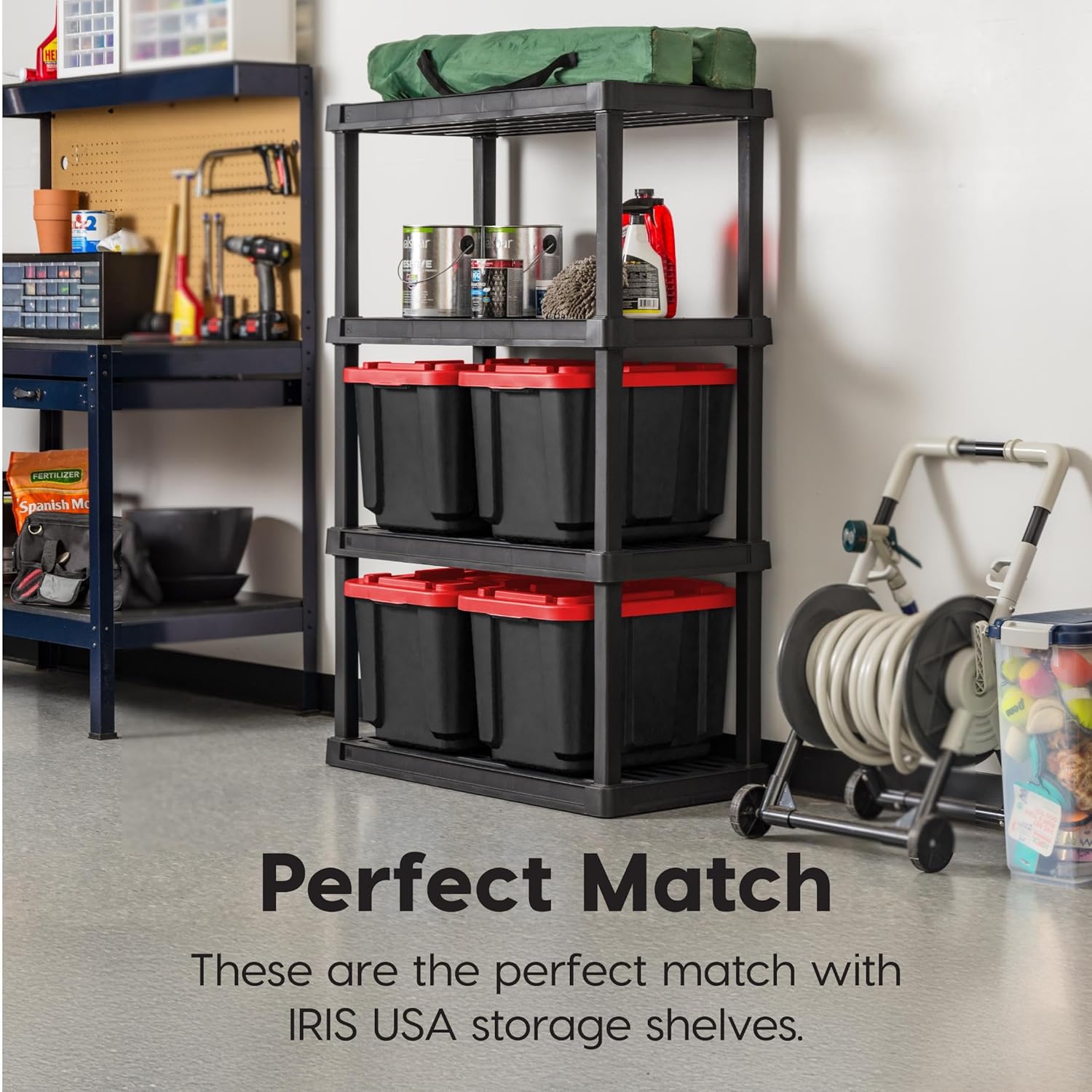 IRIS USA 4-Pack 12 Gallon Storage Bins with Lids |Made in USA| Heavy Duty Plastic Tote Containers for Truckbed Tool Box Organization, Large - Red