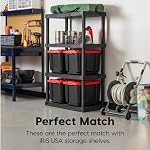 IRIS USA 45 Liter Stackable Heavy Duty Totes for Truck, 4 Pack, BPA-Free Tough Storage Bins, Garage Organizing Container with Durable Snap Lid, Black/Red