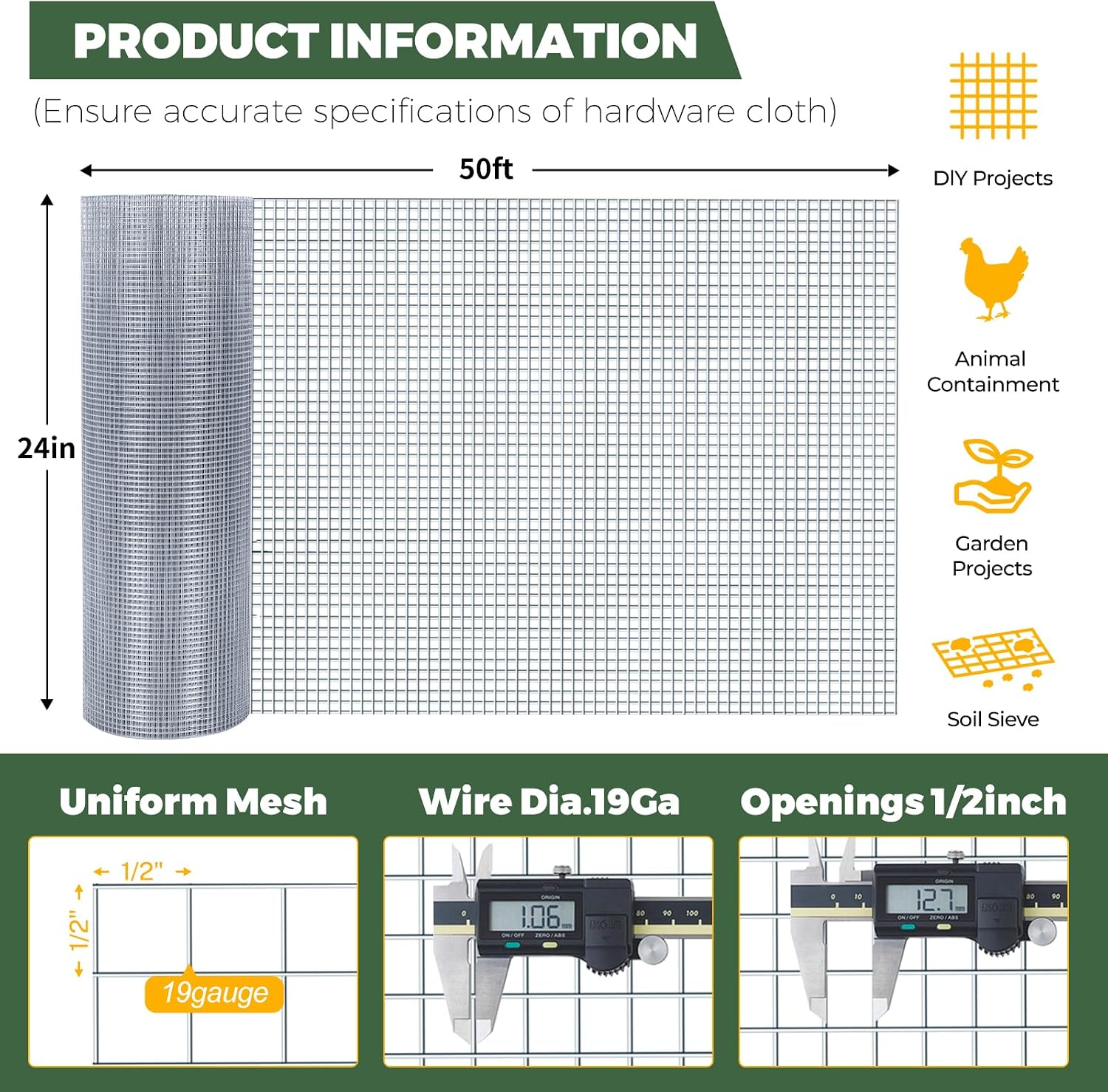 Hardware Cloth 1/2in 24in x 50 ft 19 Gauge Galvanized Wire Mesh Chicken Wire Fencing Heavy Duty Fence for DIY Projects Chicken Coop, Rabbit Run, Tree Guard Easy to Cut & Shape