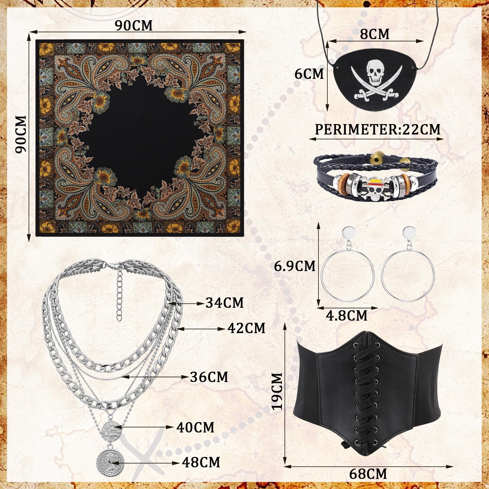 AYNKH Women's Pirate Costume Accessories Set-Headscarf,Sash Belt,Earring,Eye Patch - Image 2