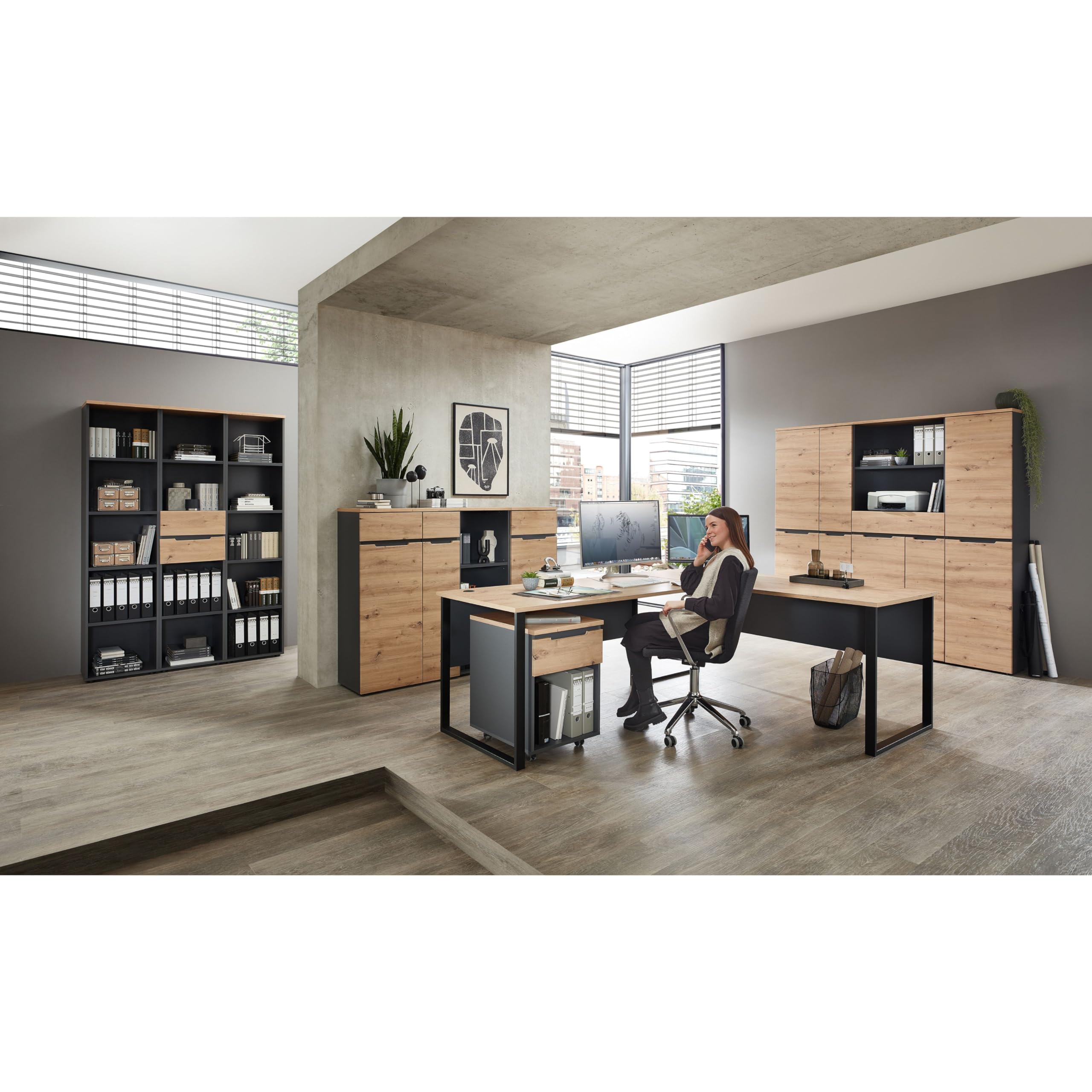 Memphis Aktenschrank in Artisan Eiche Optik, Graphit - Moderner Büroschrank mit 2 Türen - 75 x 197 x 38 cm (B/H/T)