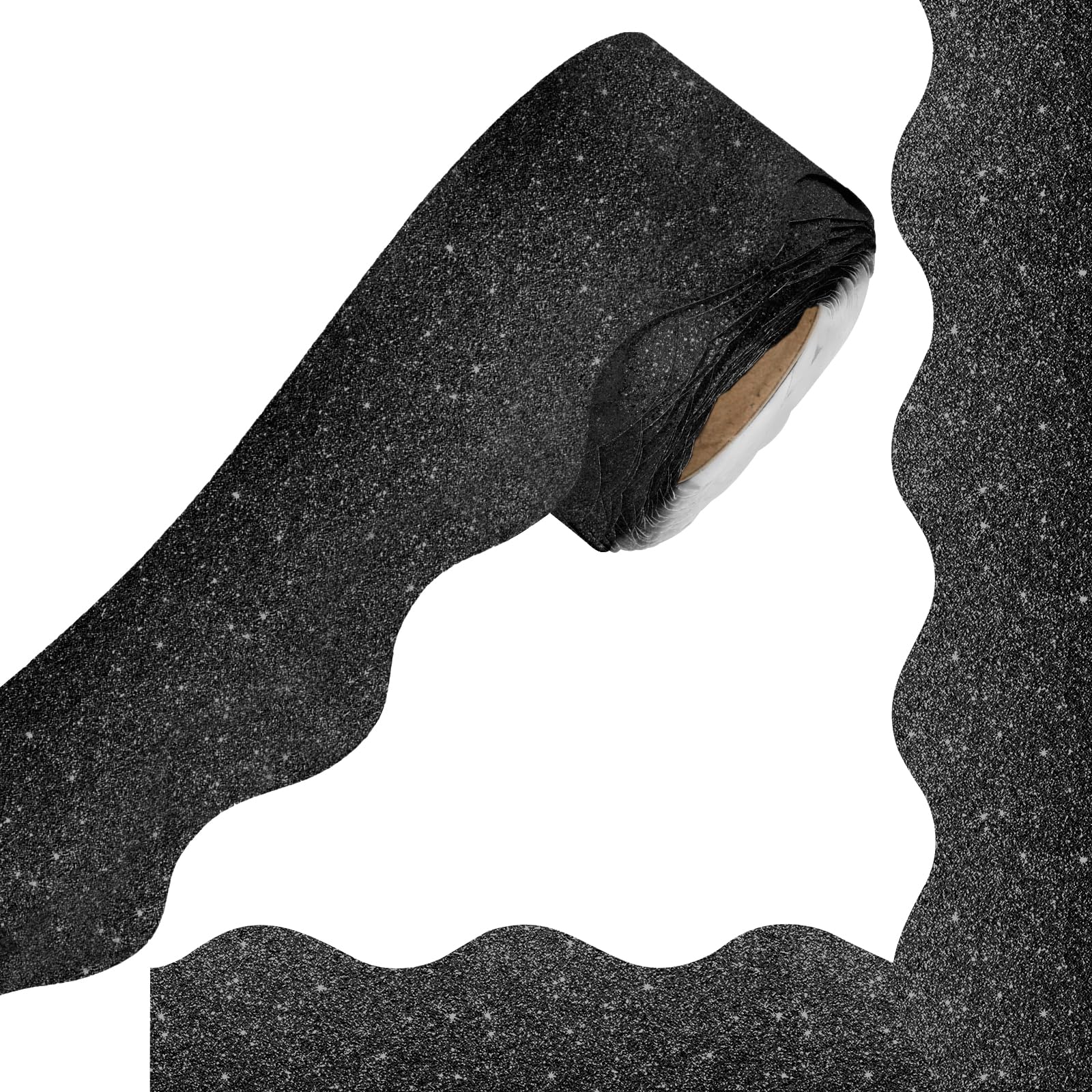Black Glitter Bulletin Board Borders, 65.6Ft Shine Black Scalloped Borders Trim Holiday Decoration Self-Adhesive Bulletin Stickers for Christmas