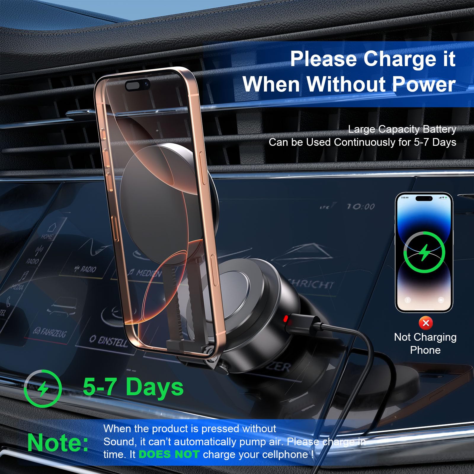 Soporte magnético para teléfono móvil para coche, rotación ajustable de 360 grados, soporte de teléfono eléctrico con ventosa al vacío con brazo extensible, compacto y portátil, manos libres, soporte
