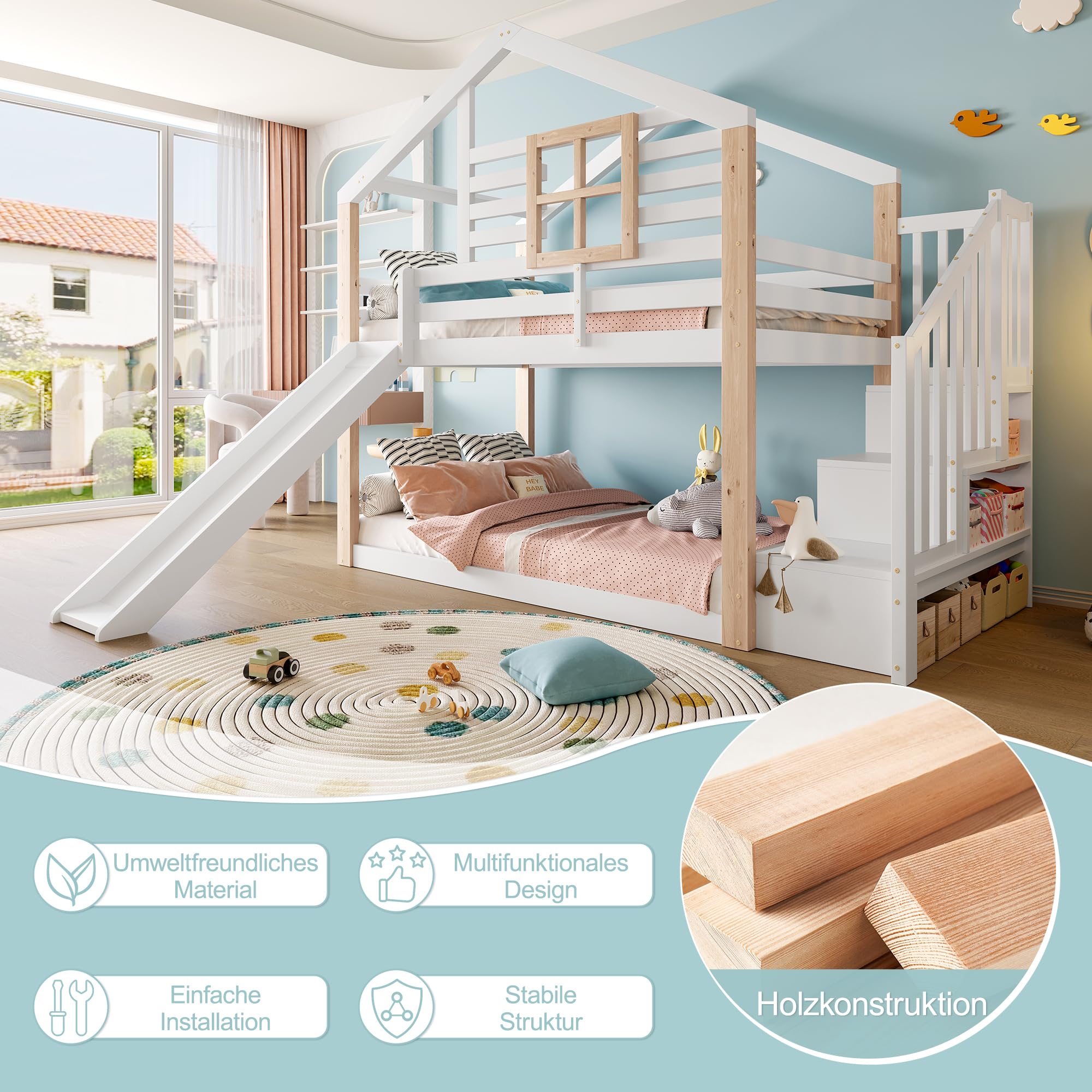 Zepneiy Lit Cabane Enfants 90x200 avec Toboggan et fenêtre, Lit Superposé 2 Places avec Rampe et Espace de Rangement, pour Les frères et sœurs, en Bois Massif Blanc (sans Matelas)
