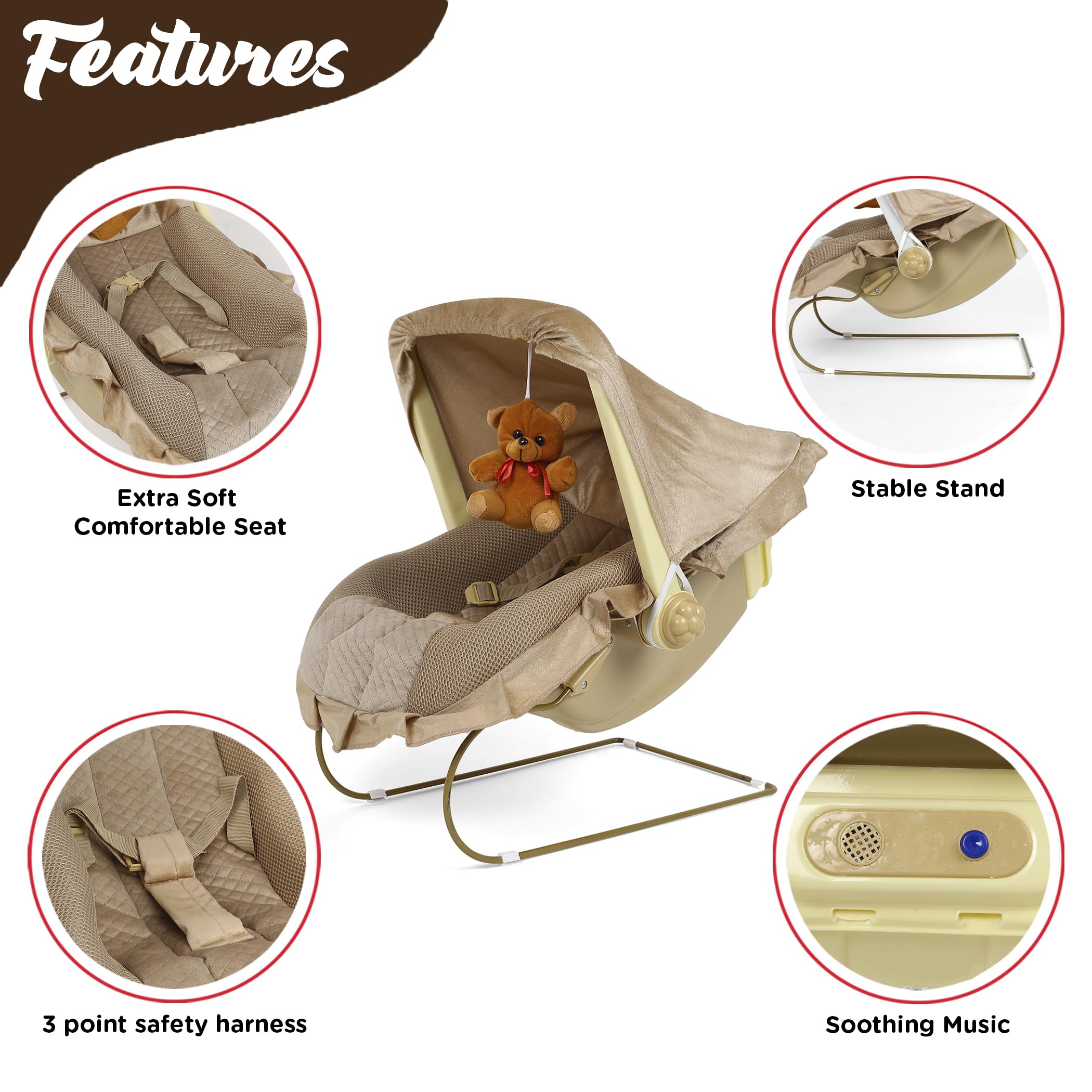KIDBITKART Baby Bouncer Super Deluxe 12 in 1 Musical Carry Cot Bouncer (Brown, White) - Image 5 thumbnail