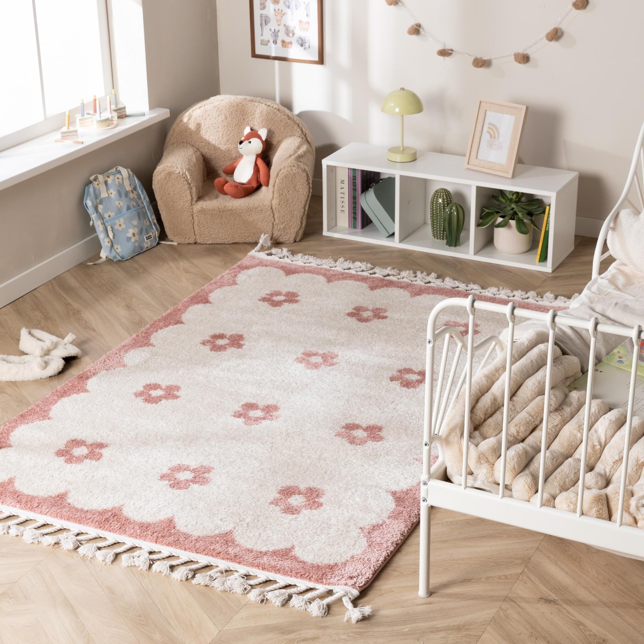 Tapis Lavable pour Enfant - Moos Flower Rose - 140x200 cm - Garçon et Fille - Lavable en Machine - Chambre Bebe - Rectangulaire