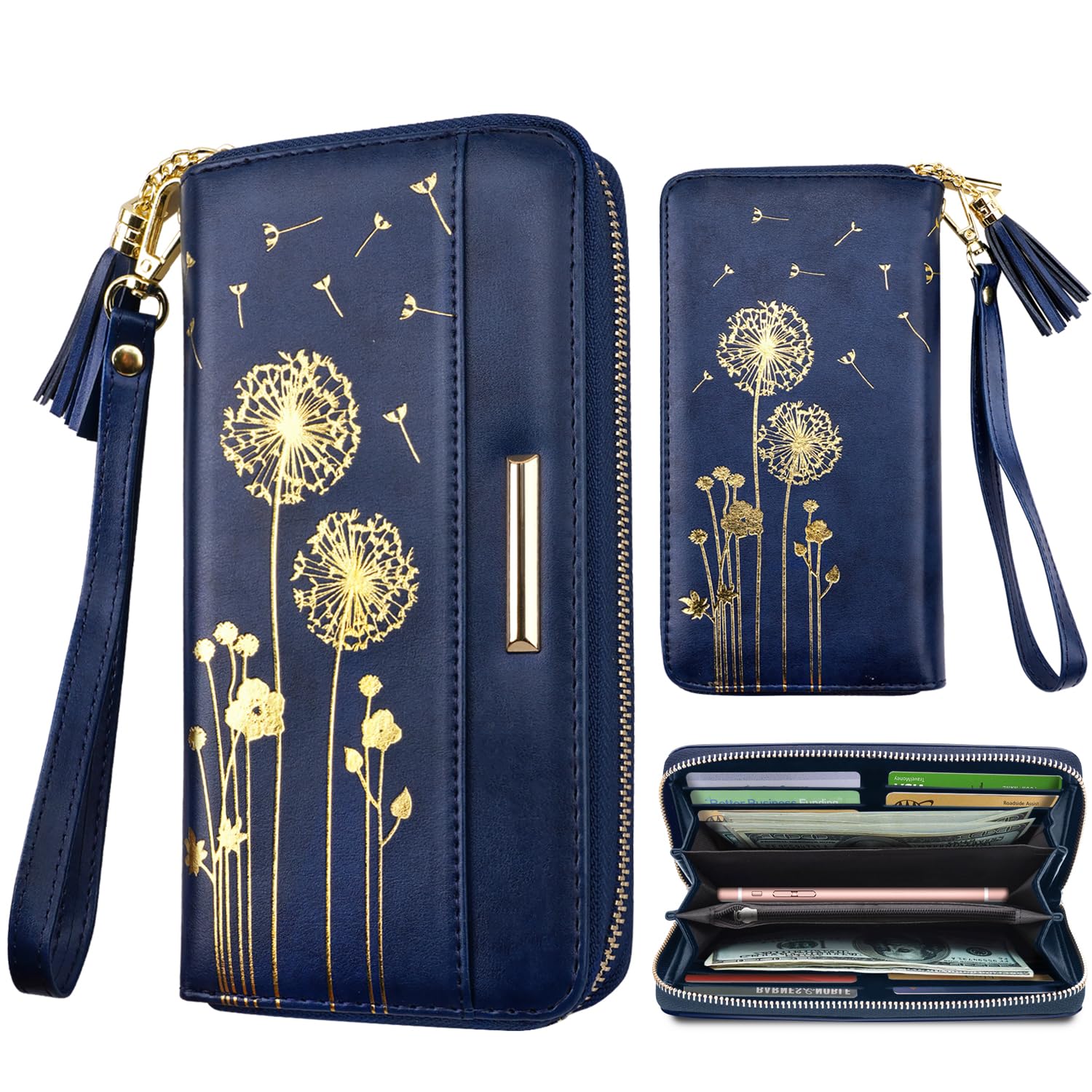 Coco Rossi Women Wallets Multi Card Case Wallet Clutch Wallet Card Holder Organizer Ladies Purse Tassel Wrist strap Purse,Gold Dandelion