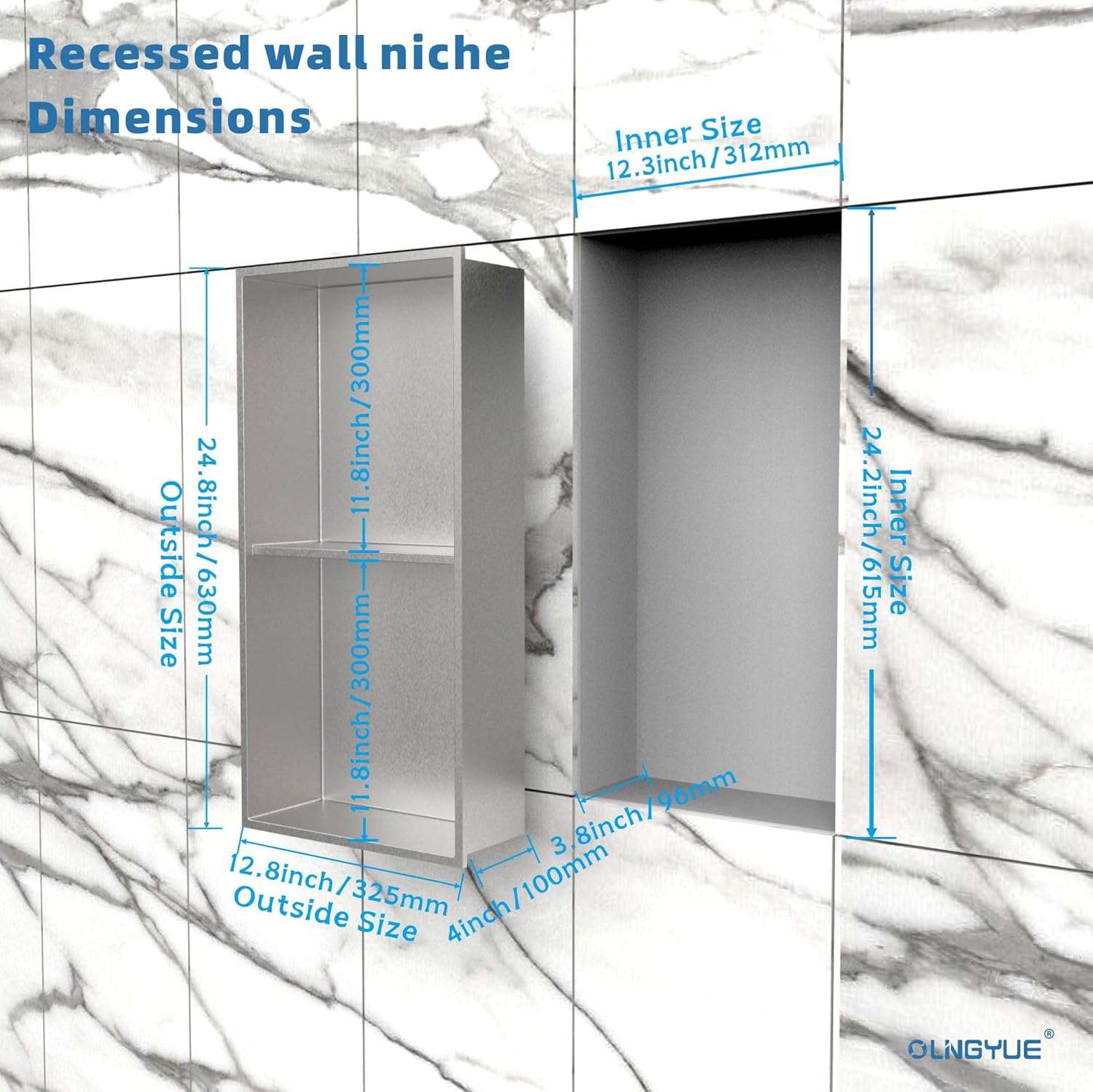 12x24 Bathroom Shower Niche Shelf: Double Layer Stainless Steel No Tile Needed - Recessed Wall Niches Box for House Decoration - Brushed Nickel